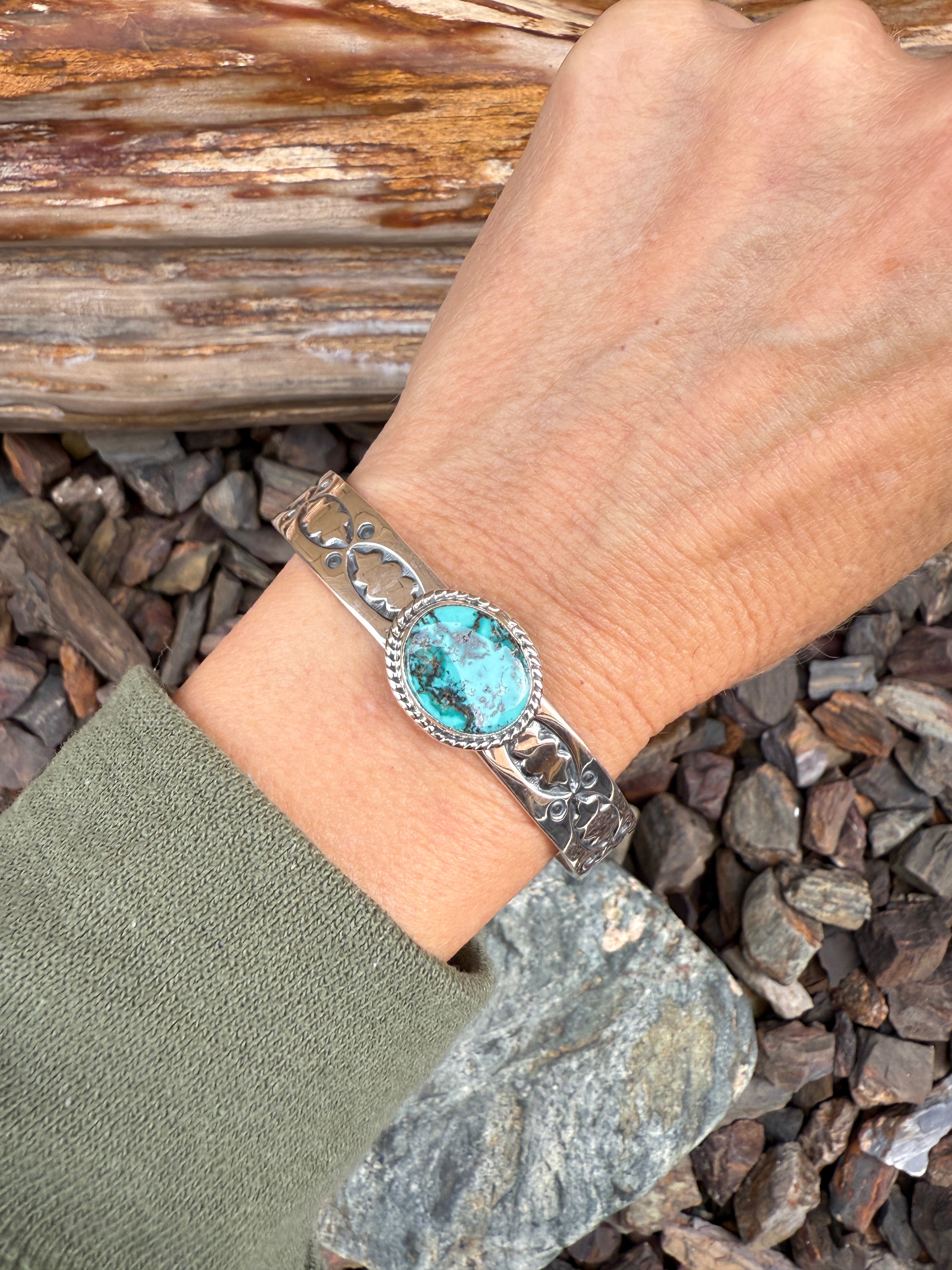 Handmade Sterling Silver Turquoise Wide Stacker Bracelet with Stamp Detail
