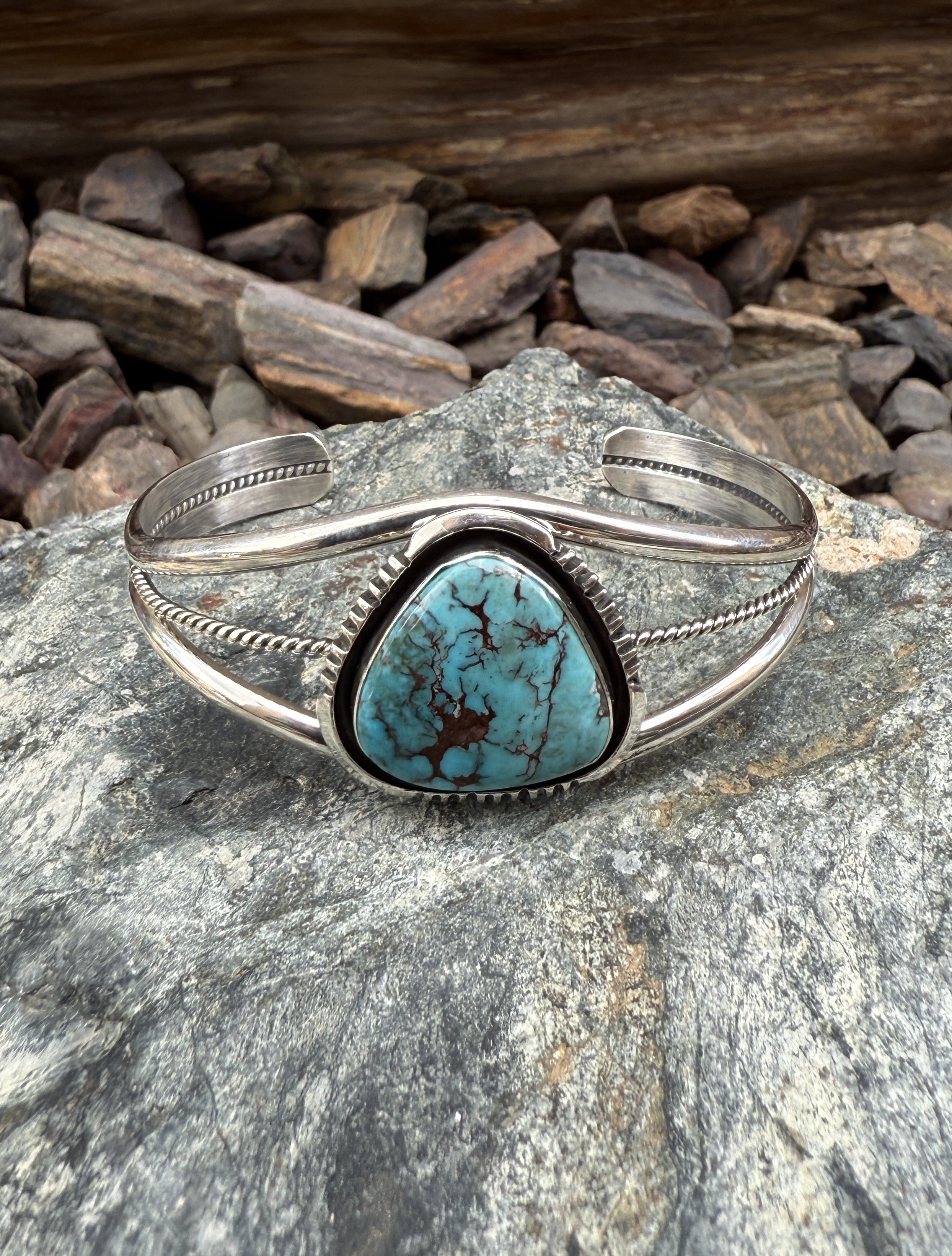 Signature Handcrafted Sterling Silver Turquoise Triple Wire Bracelet with Shadow Box Trim