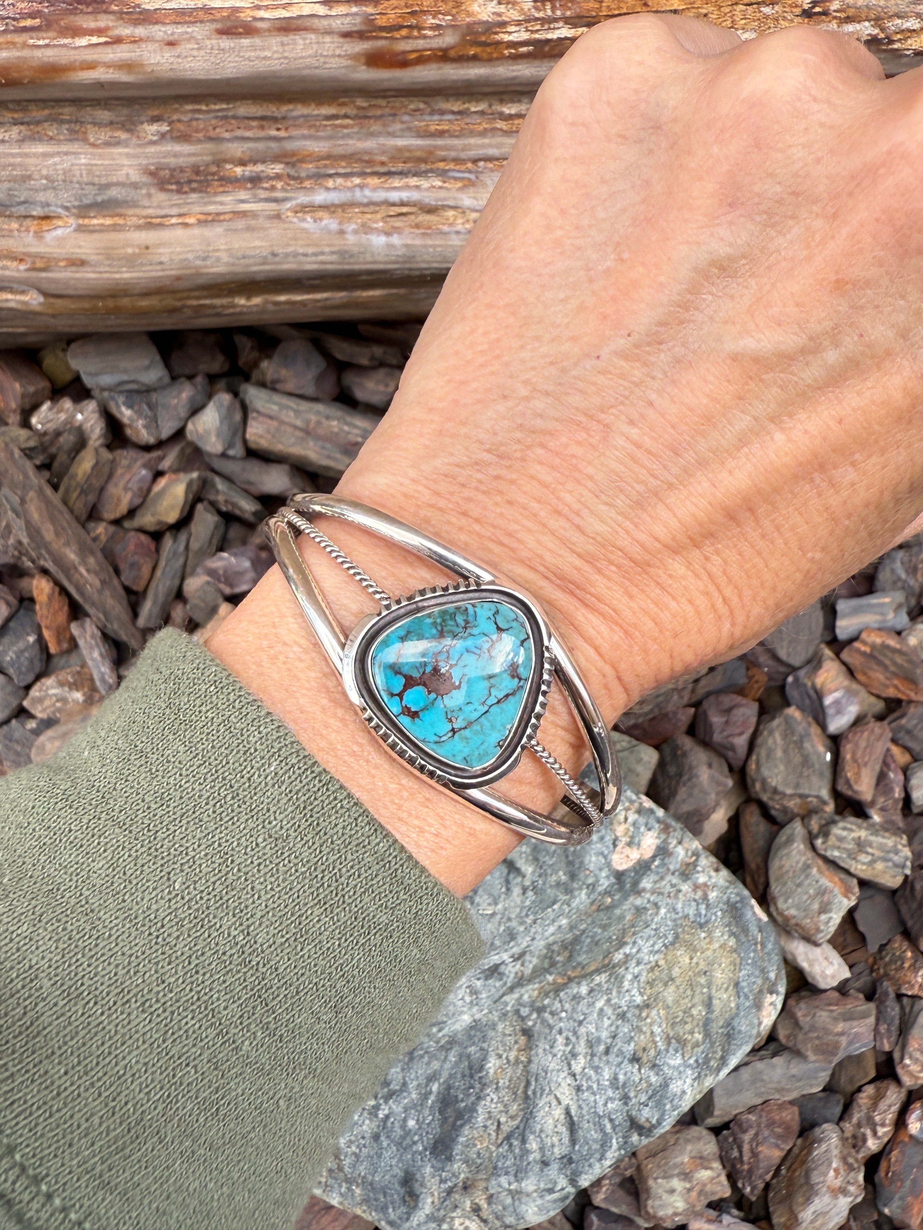 Signature Handcrafted Sterling Silver Turquoise Triple Wire Bracelet with Shadow Box Trim