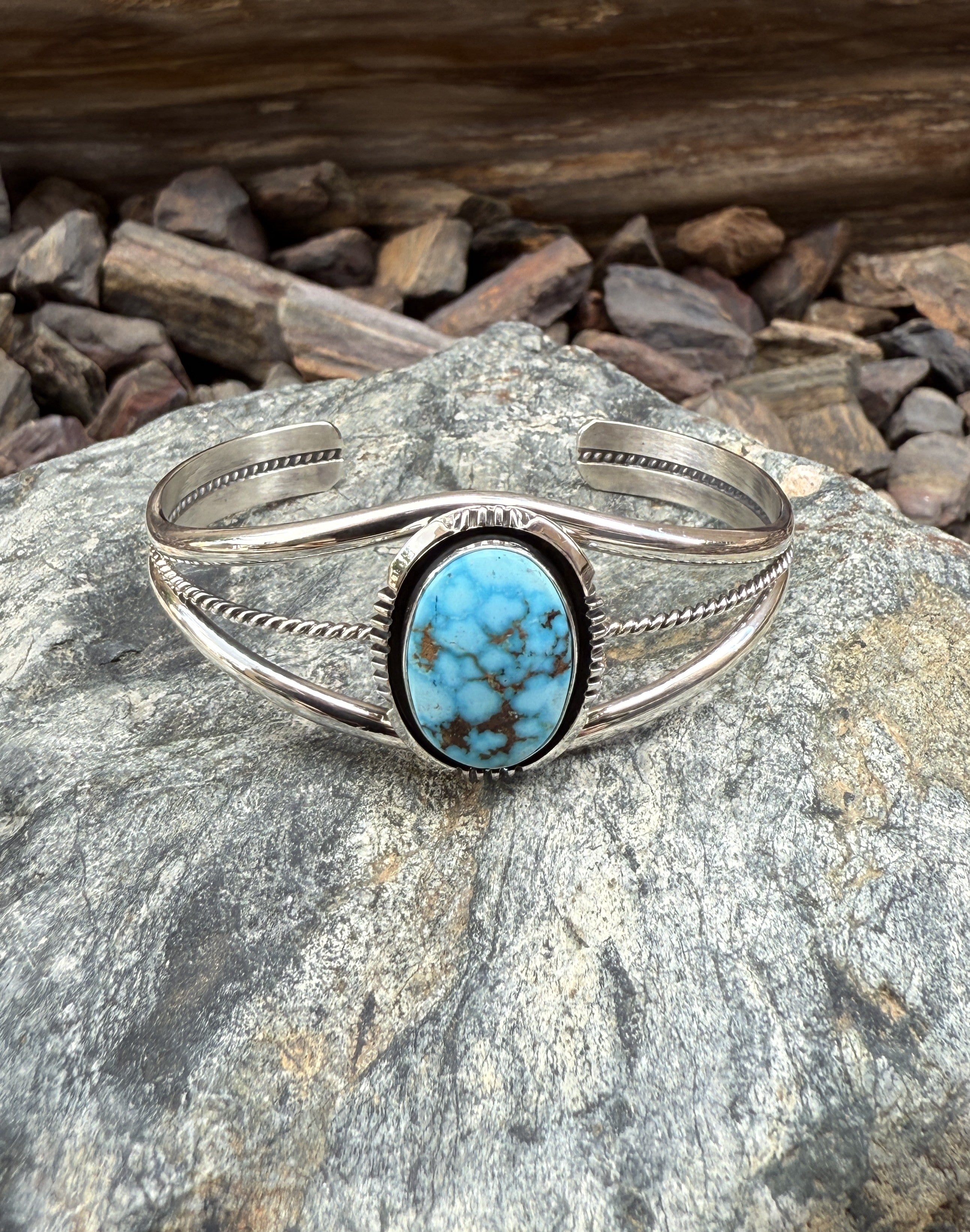 Signature Handcrafted Sterling Silver Turquoise Mountain Triple Wire Bracelet