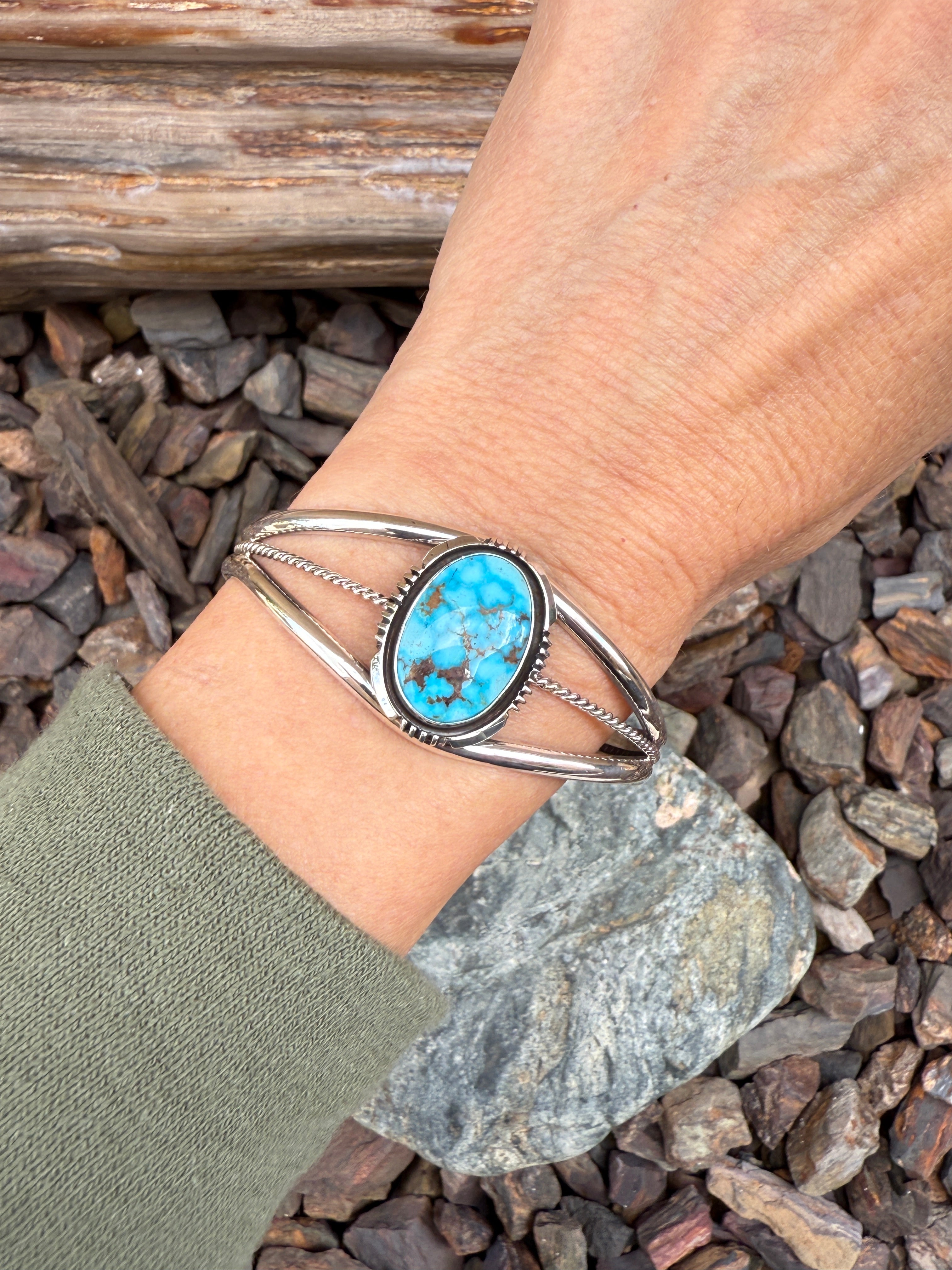 Signature Handcrafted Sterling Silver Turquoise Mountain Triple Wire Bracelet