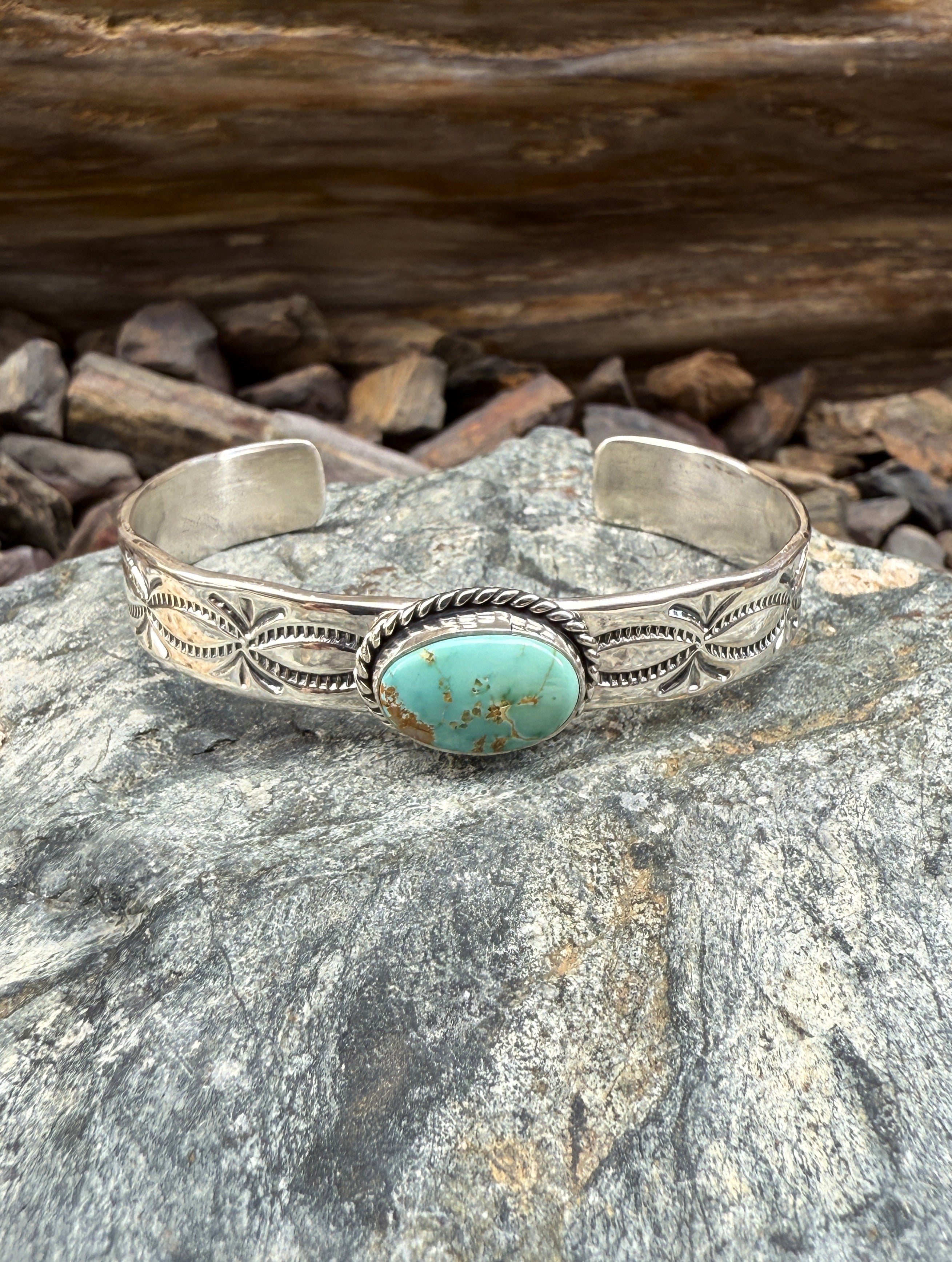 Sterling Silver Royston Turquoise Wide Stacker Bracelet with Stamp Detail