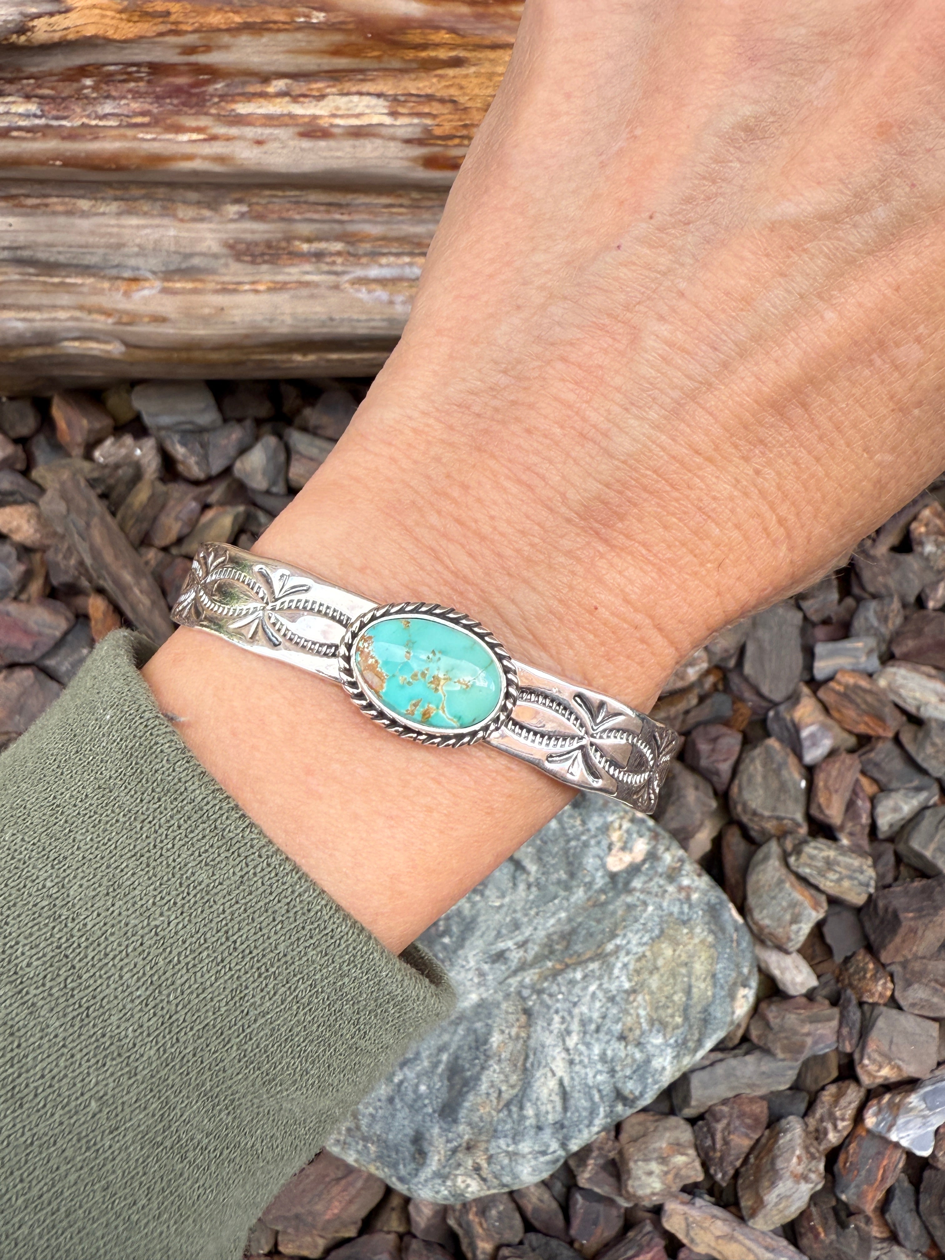 Sterling Silver Royston Turquoise Wide Stacker Bracelet with Stamp Detail
