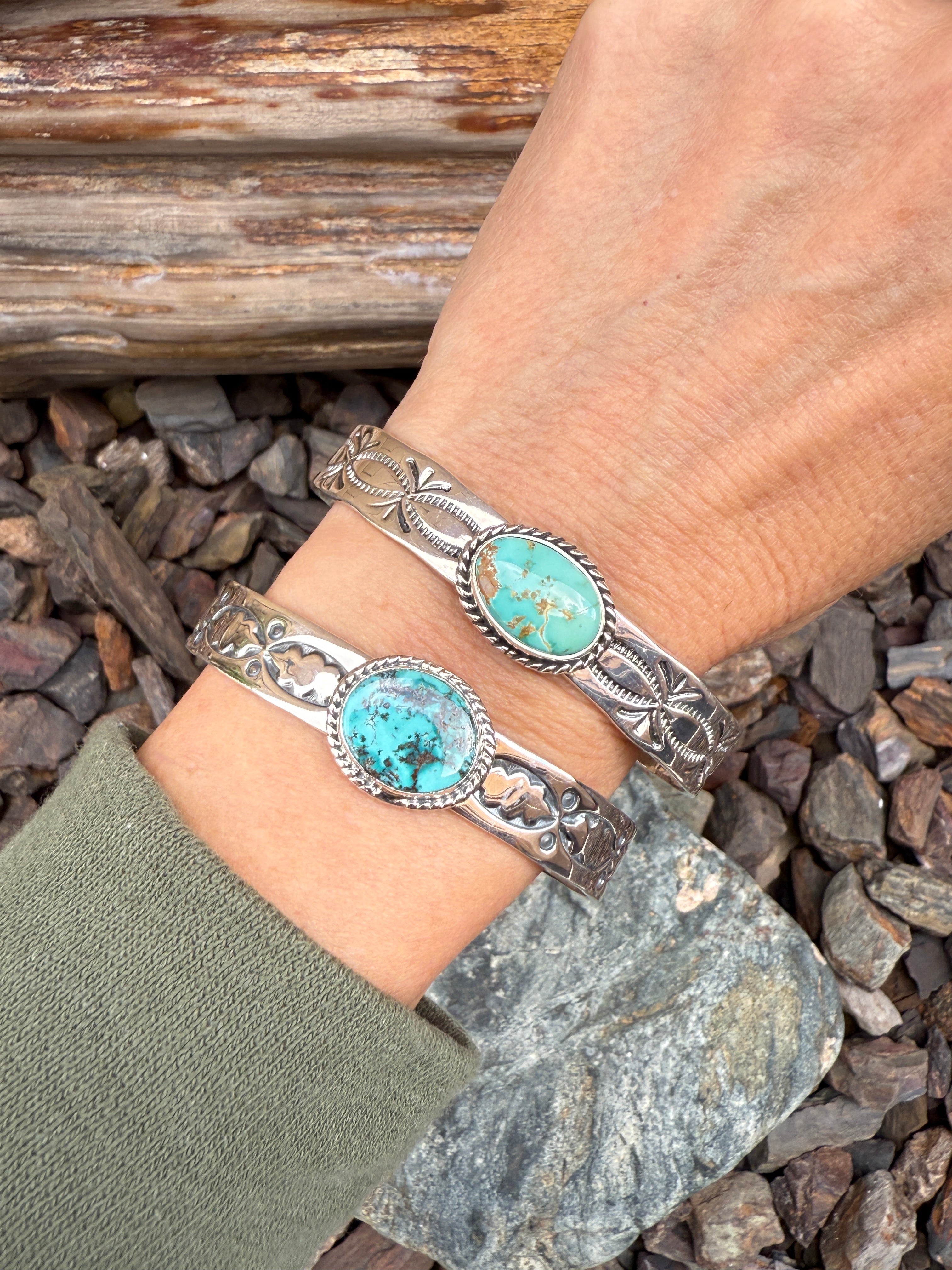 Sterling Silver Royston Turquoise Wide Stacker Bracelet with Stamp Detail