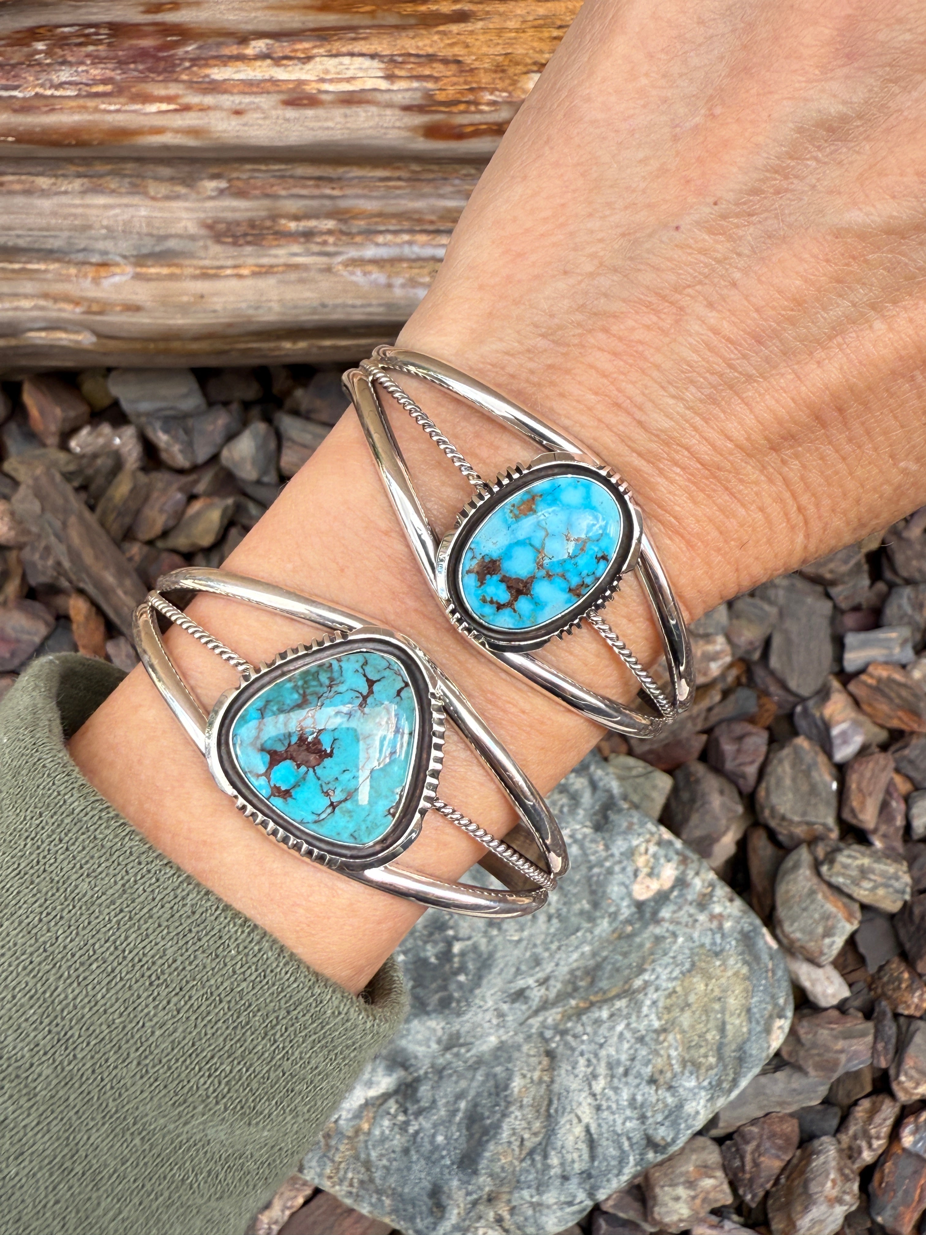 Signature Handcrafted Sterling Silver Turquoise Triple Wire Bracelet with Shadow Box Trim