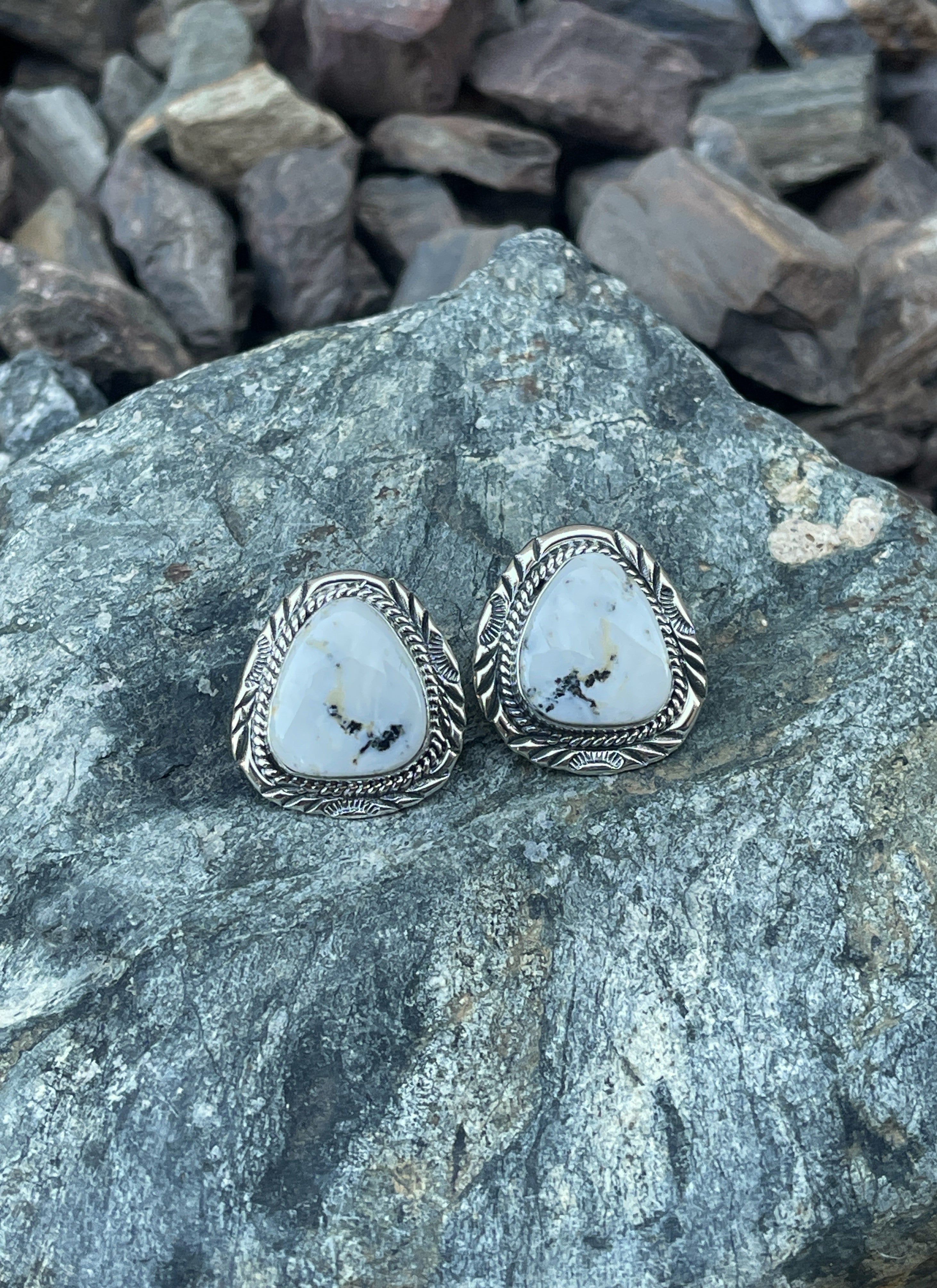 Handmade Sterling Silver White Buffalo Large Stud Earrings