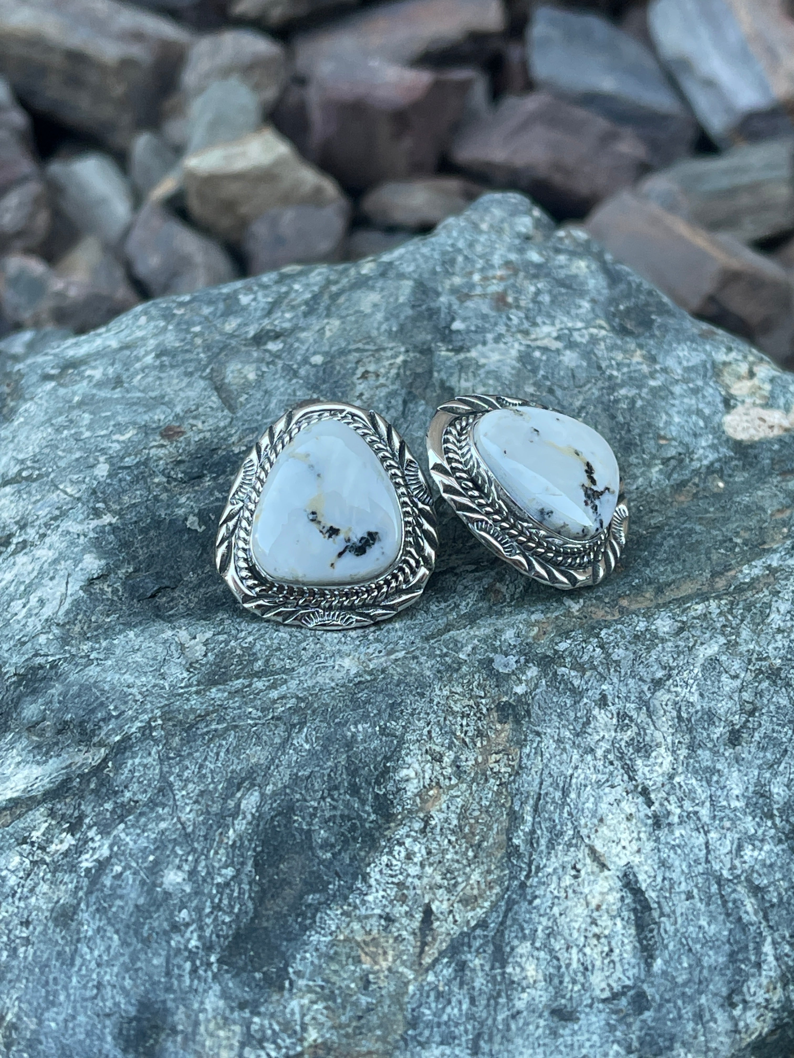 Handmade Sterling Silver White Buffalo Large Stud Earrings