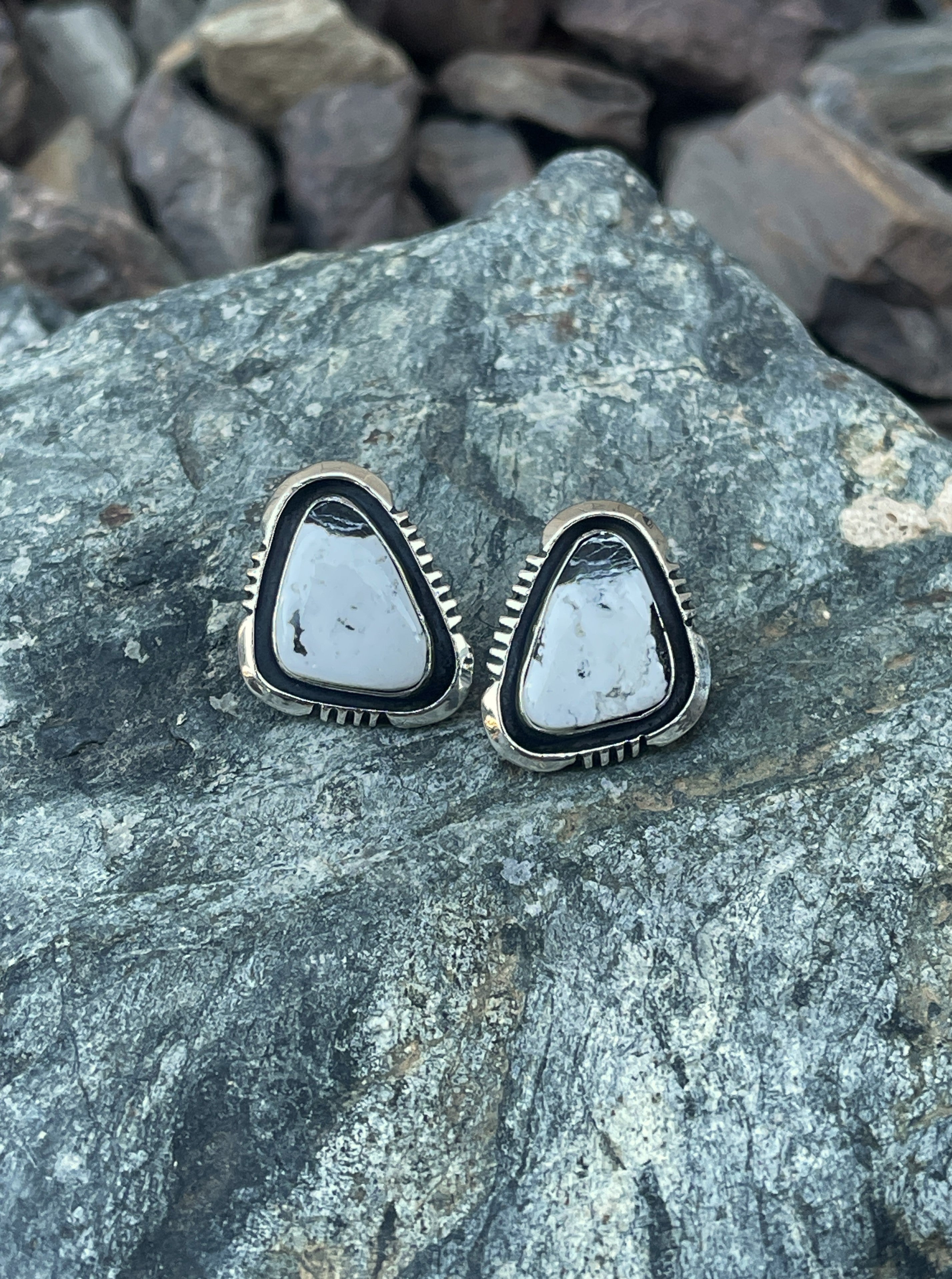 Handmade Sterling Silver White Buffalo Stud Earrings with Shadow Box Trim