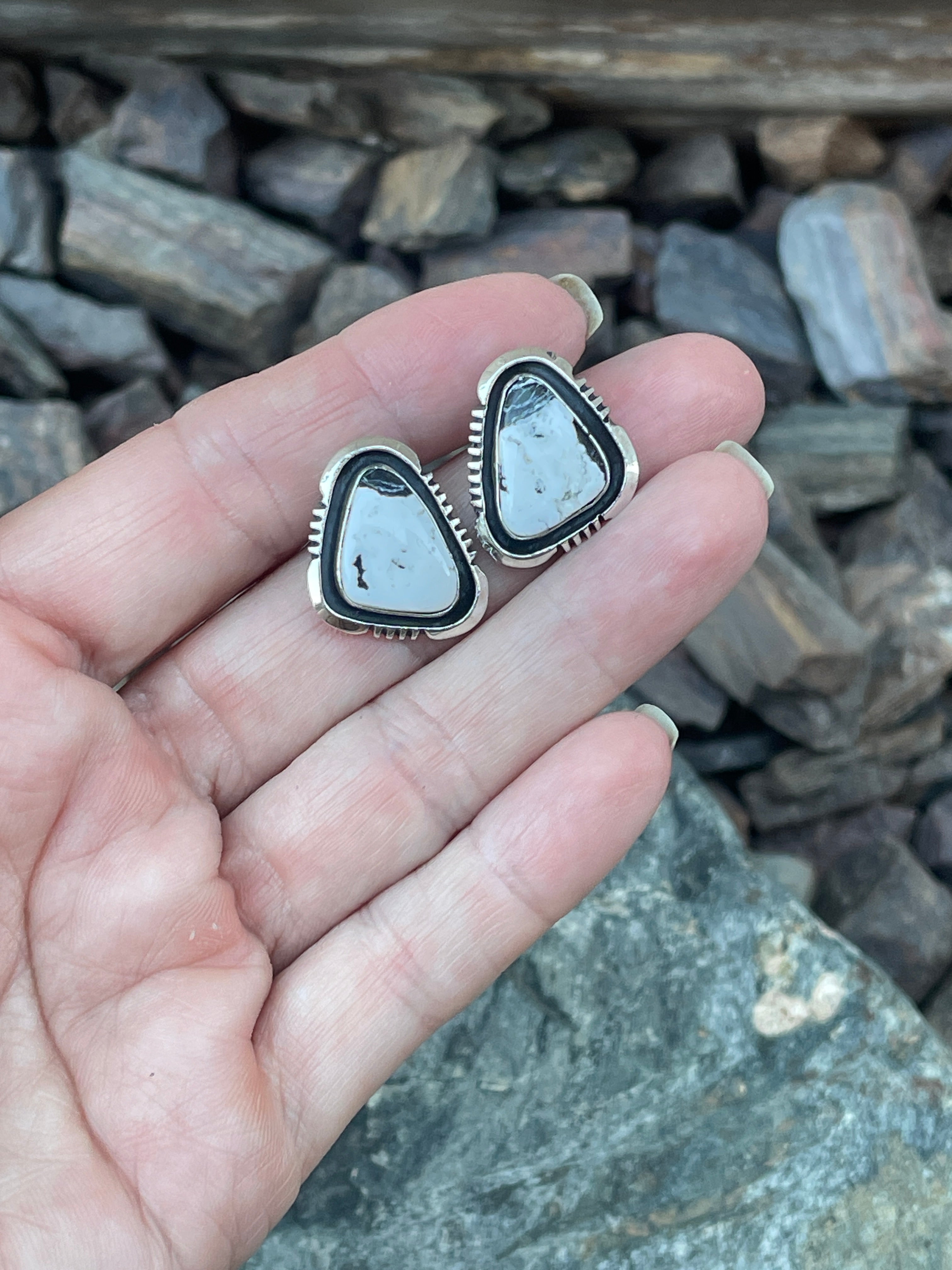 Handmade Sterling Silver White Buffalo Stud Earrings with Shadow Box Trim