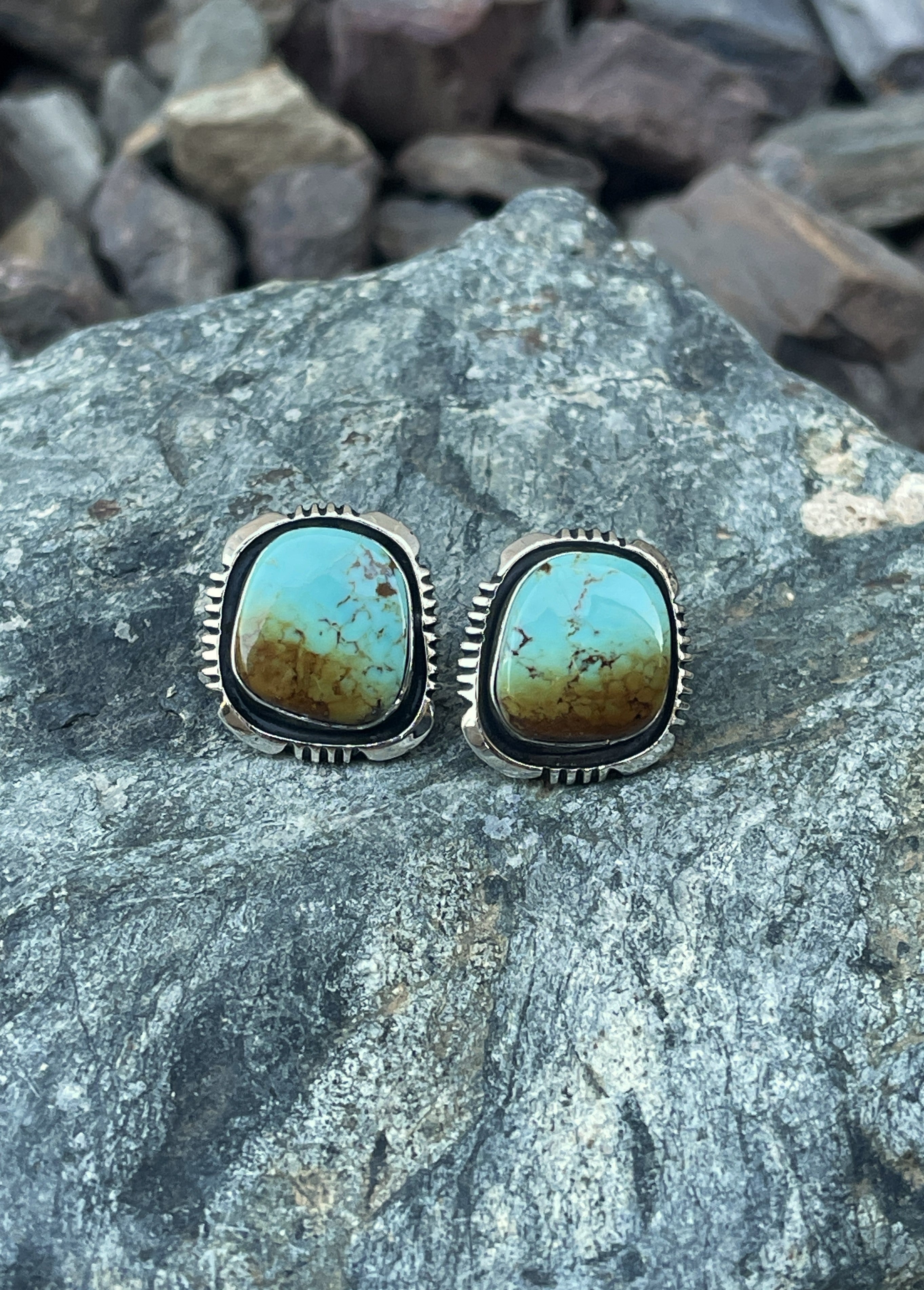 Handmade Sterling Silver Kingman Turquoise Stud Earrings with Shadow Box Trim