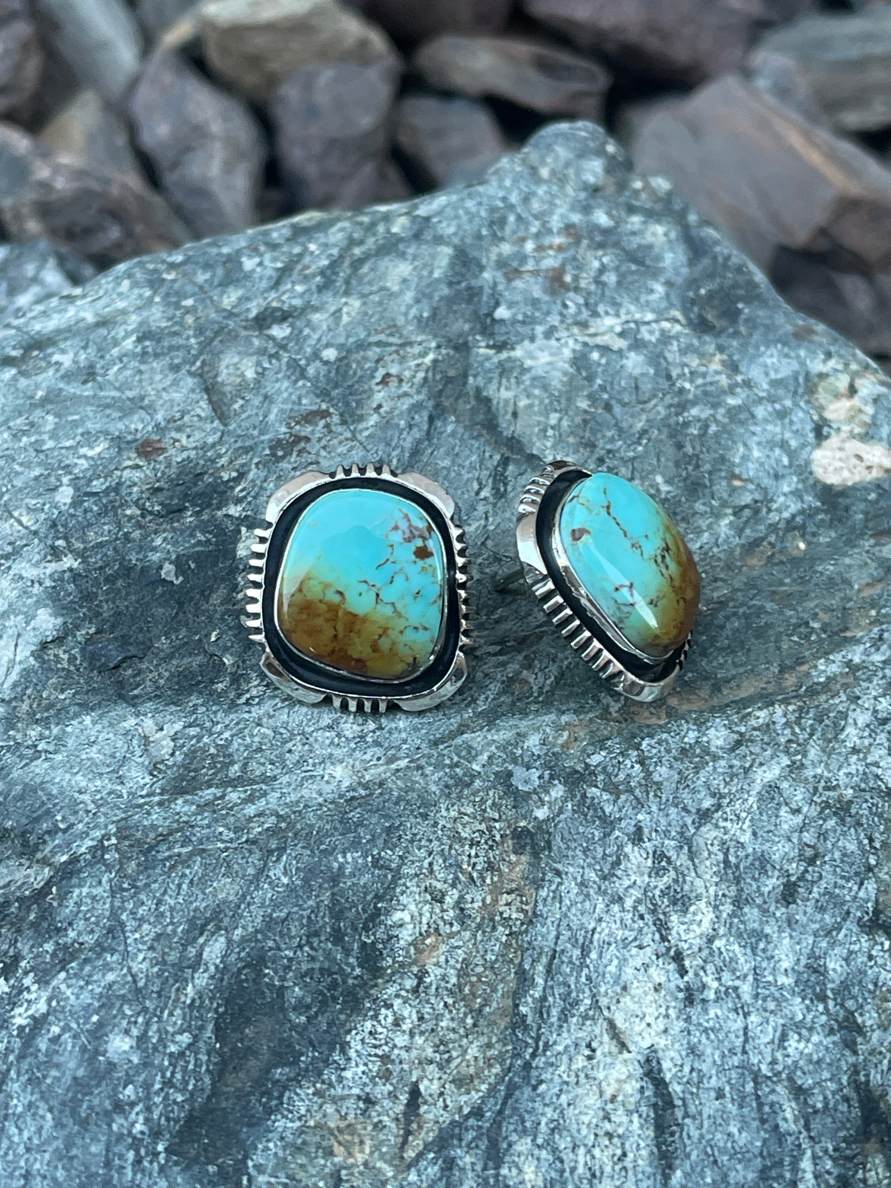 Handmade Sterling Silver Kingman Turquoise Stud Earrings with Shadow Box Trim