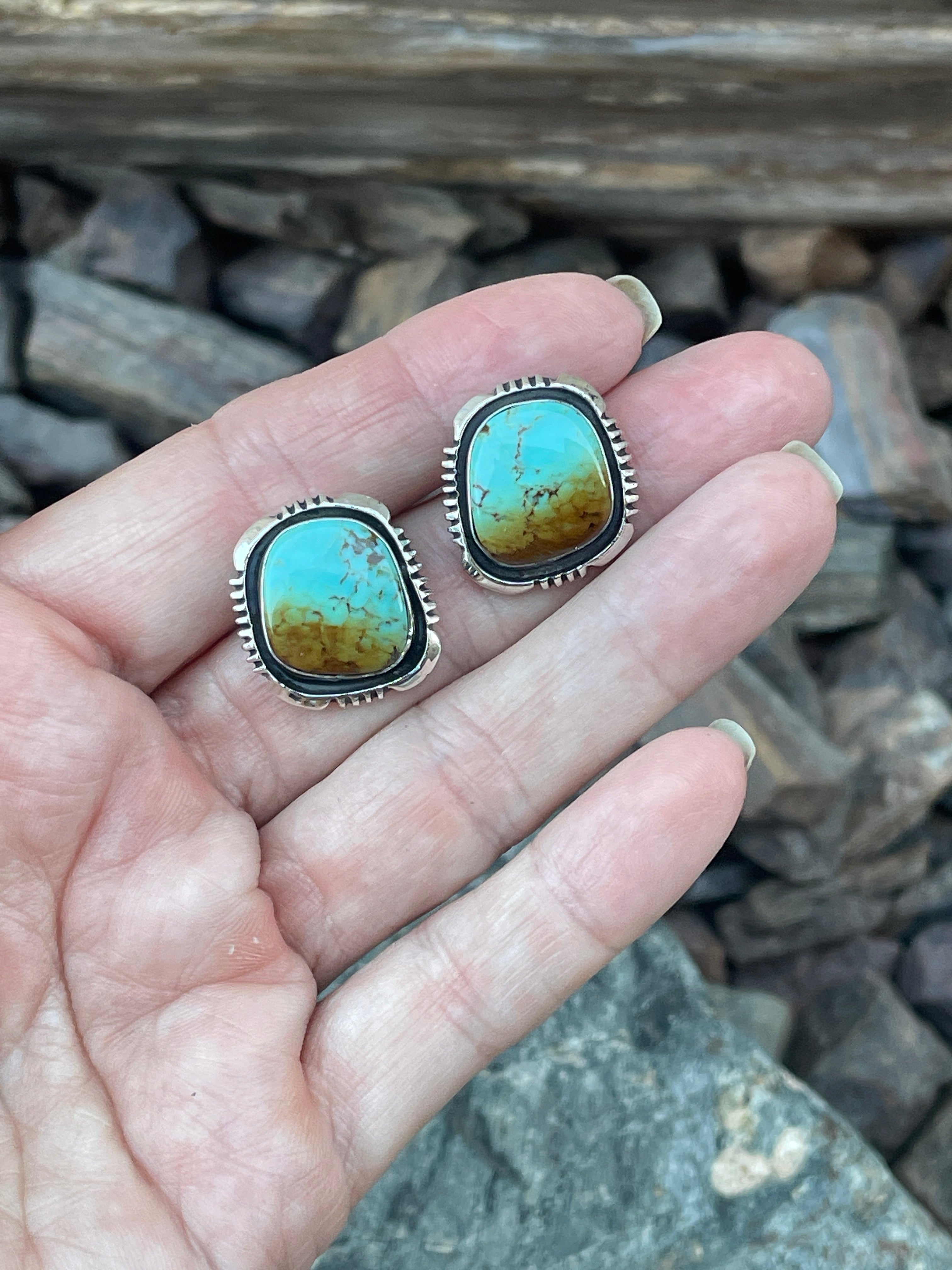 Handmade Sterling Silver Kingman Turquoise Stud Earrings with Shadow Box Trim