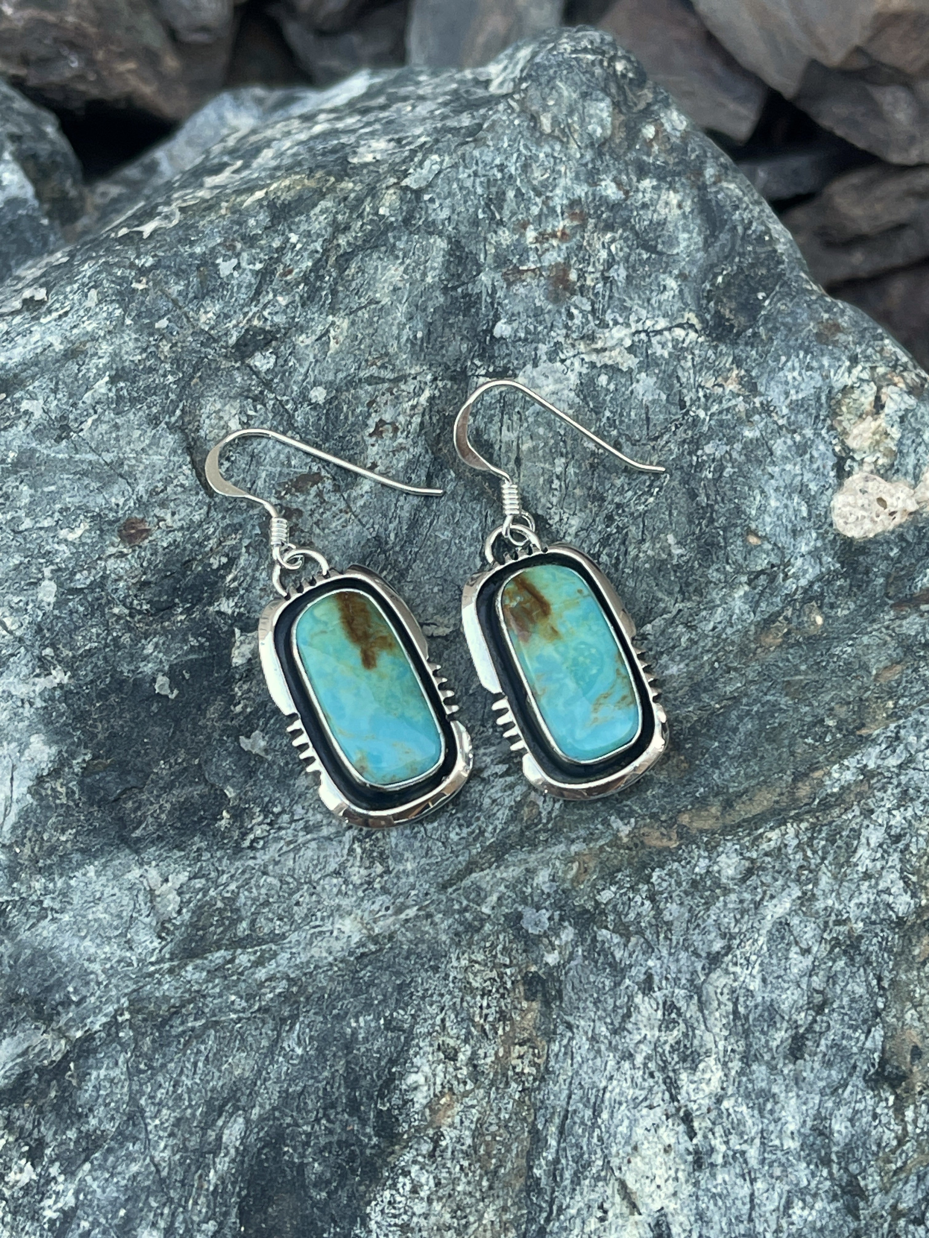 Handmade Sterling Silver Kingman Turquoise Dangle Earrings with Shadow Box Trim