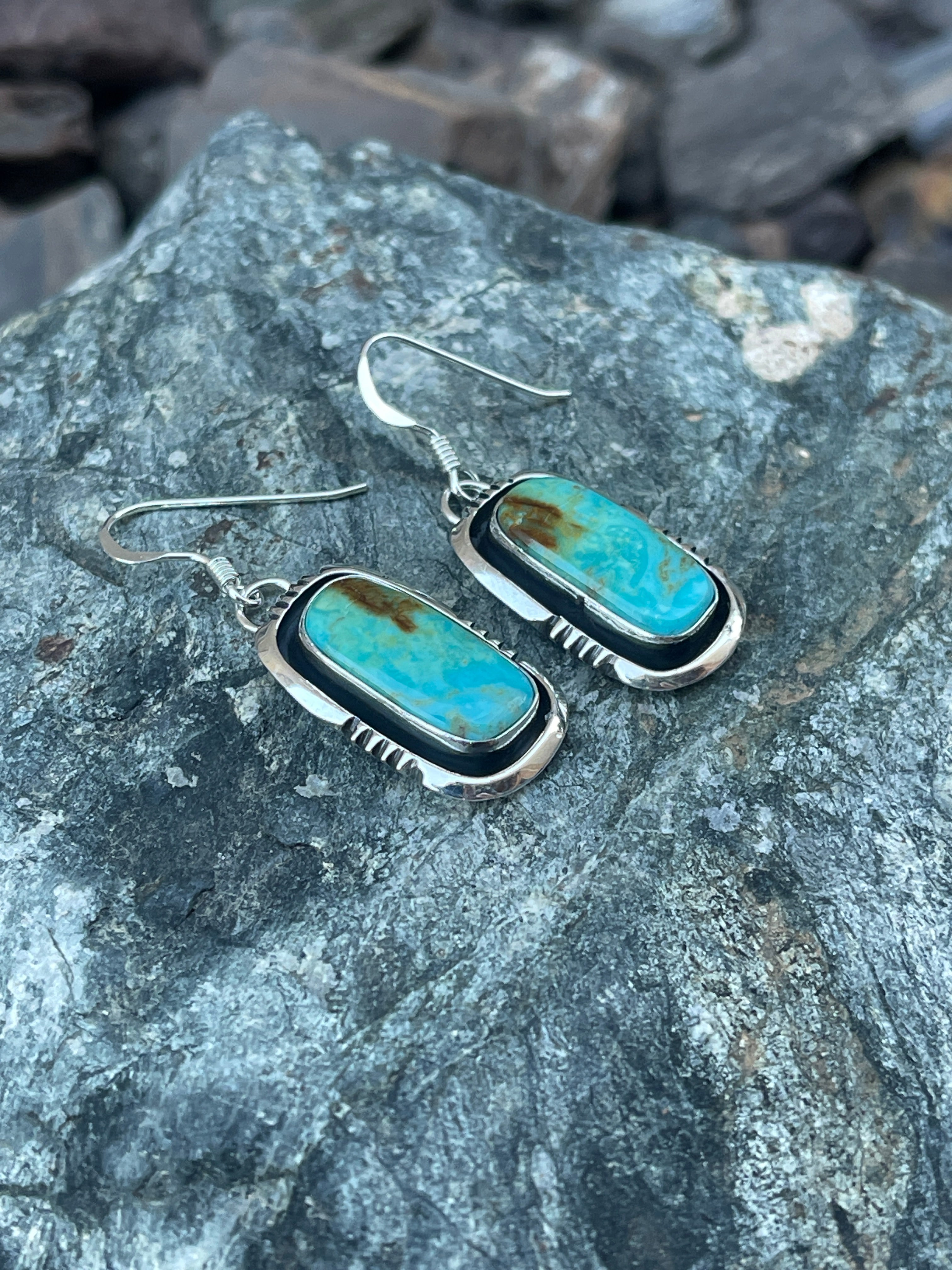 Handmade Sterling Silver Kingman Turquoise Dangle Earrings with Shadow Box Trim