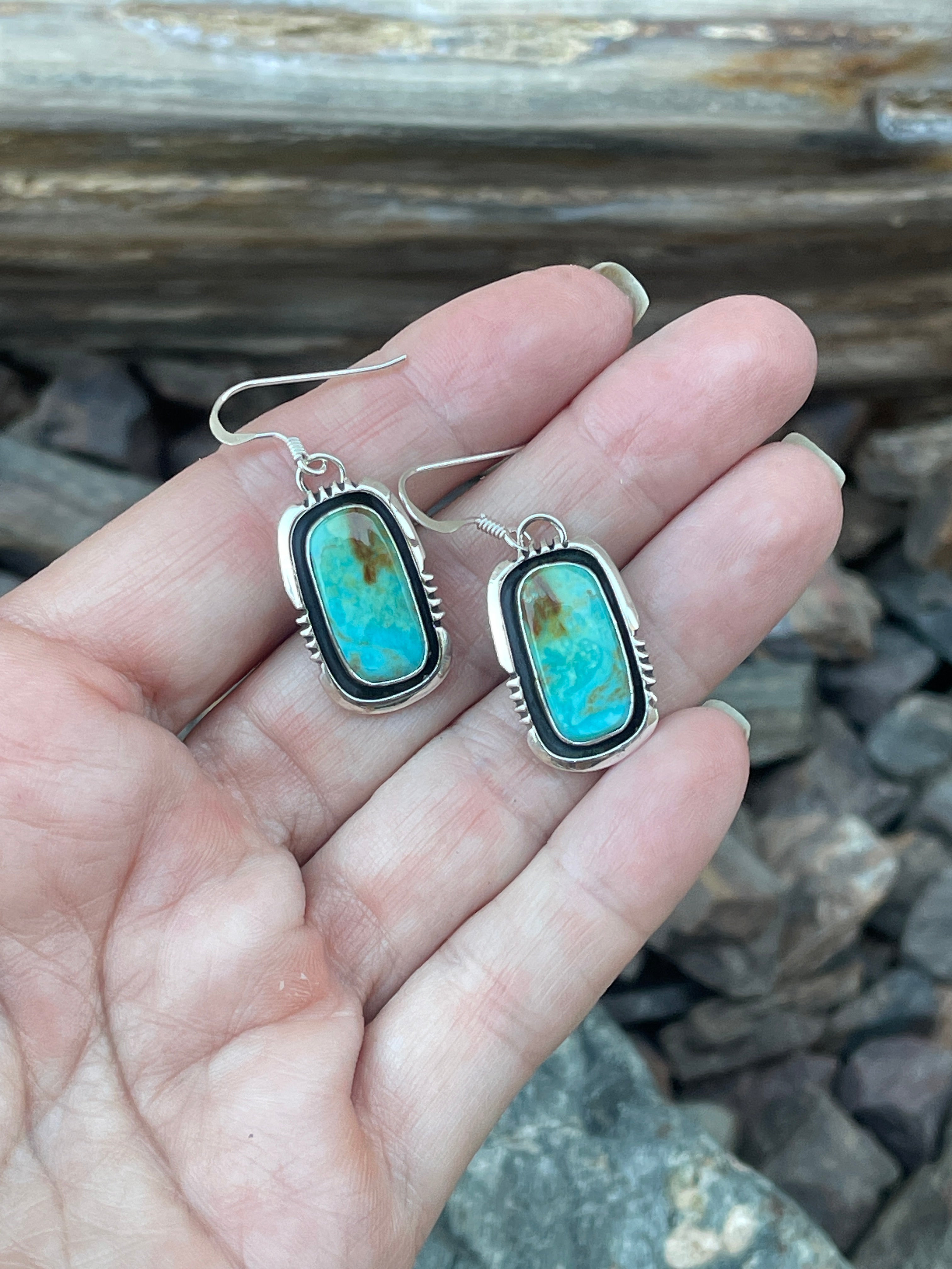 Handmade Sterling Silver Kingman Turquoise Dangle Earrings with Shadow Box Trim