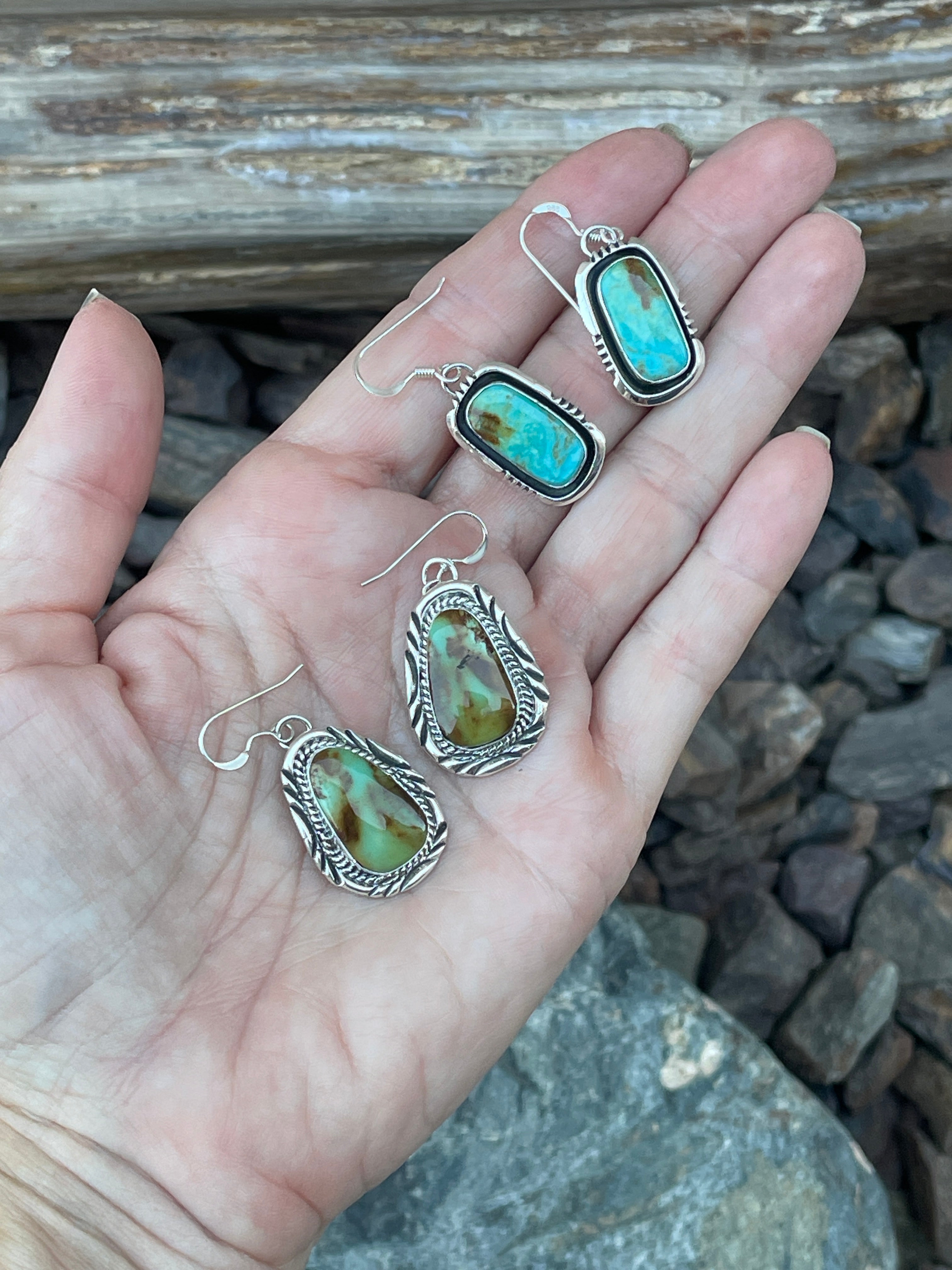 Handmade Sterling Silver Kingman Turquoise Dangle Earrings with Shadow Box Trim