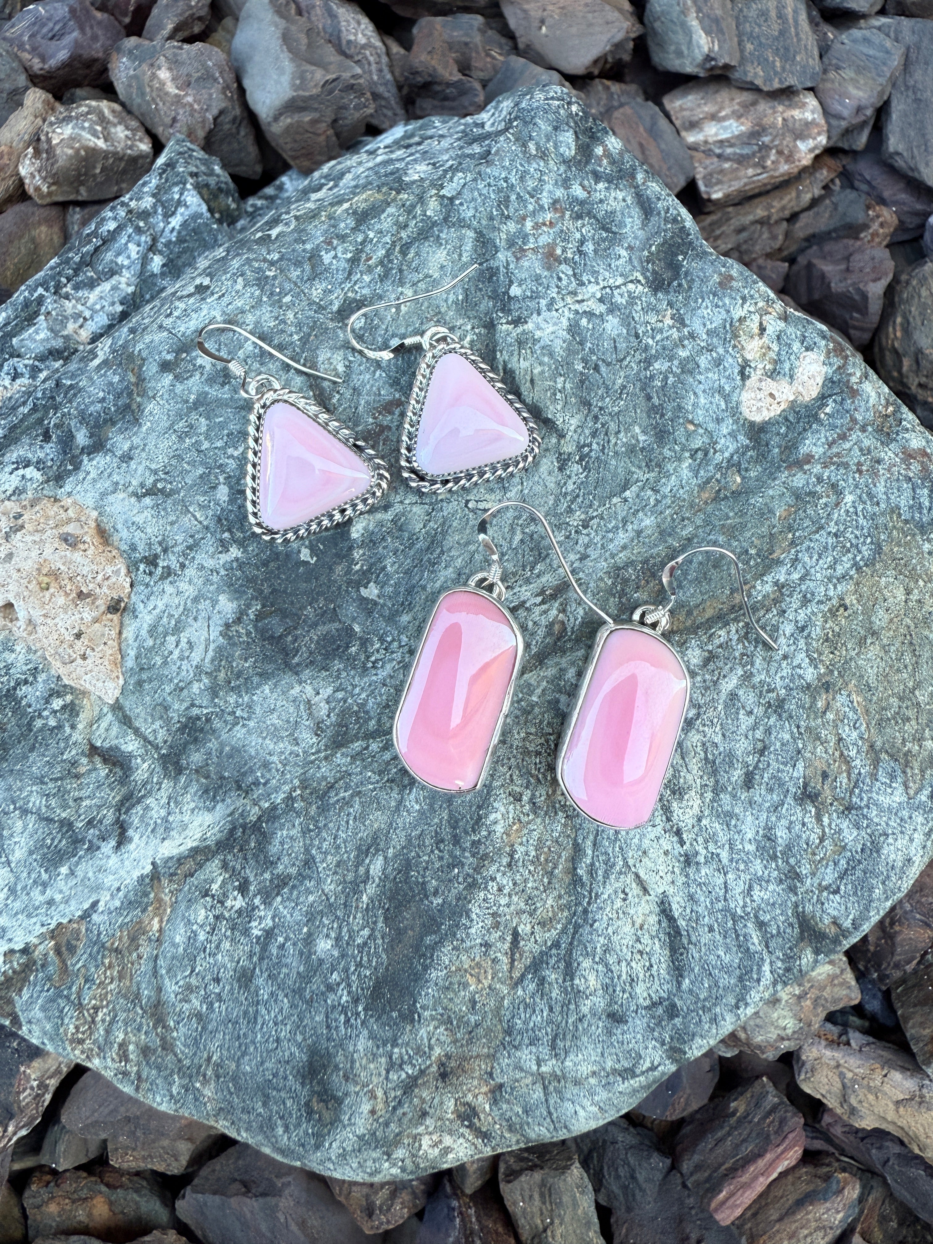 Handmade Sterling Silver Triangle Cut Pink Conch Dangle Earrings with Twist Trim