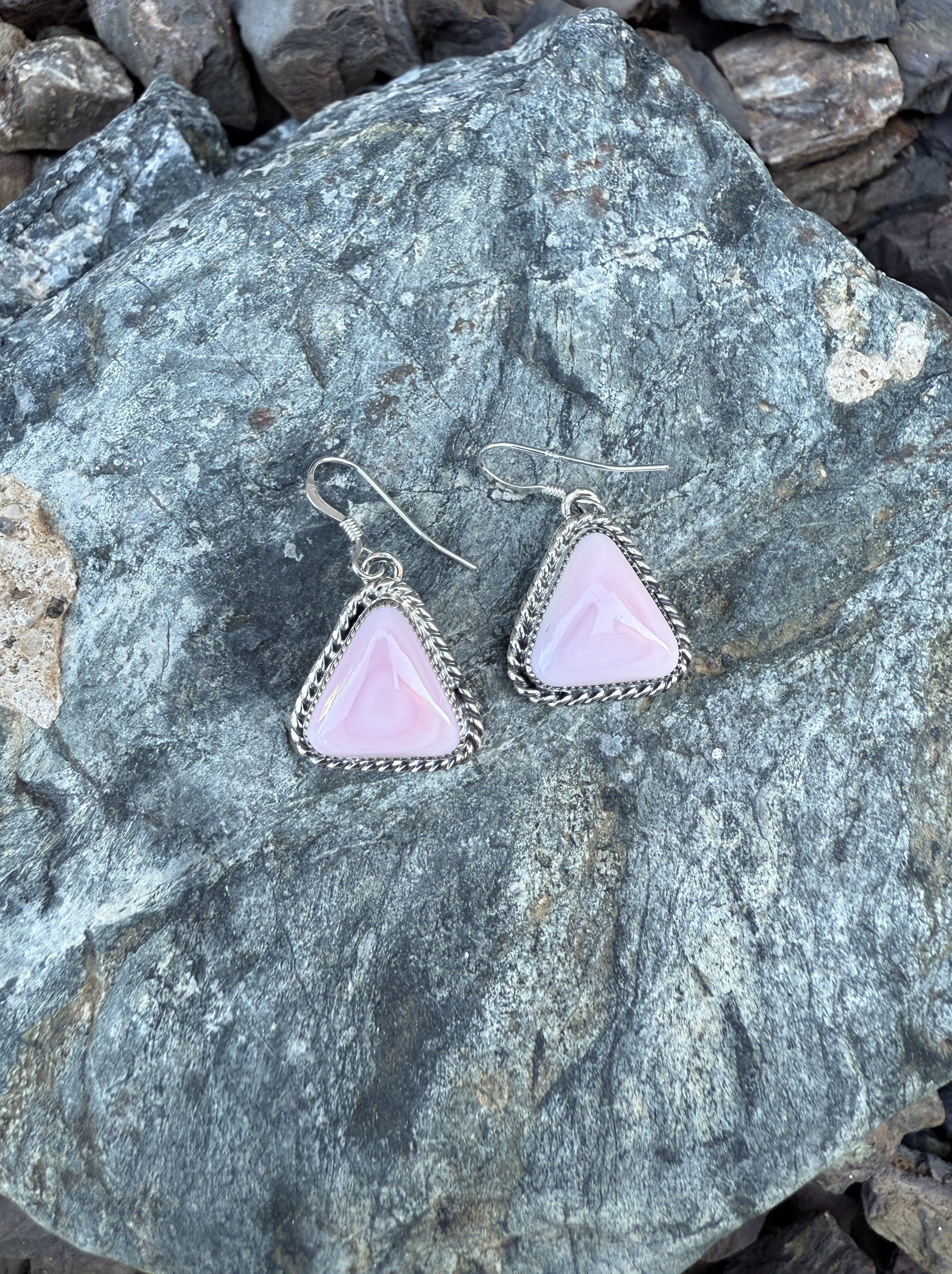 Handmade Sterling Silver Triangle Cut Pink Conch Dangle Earrings with Twist Trim