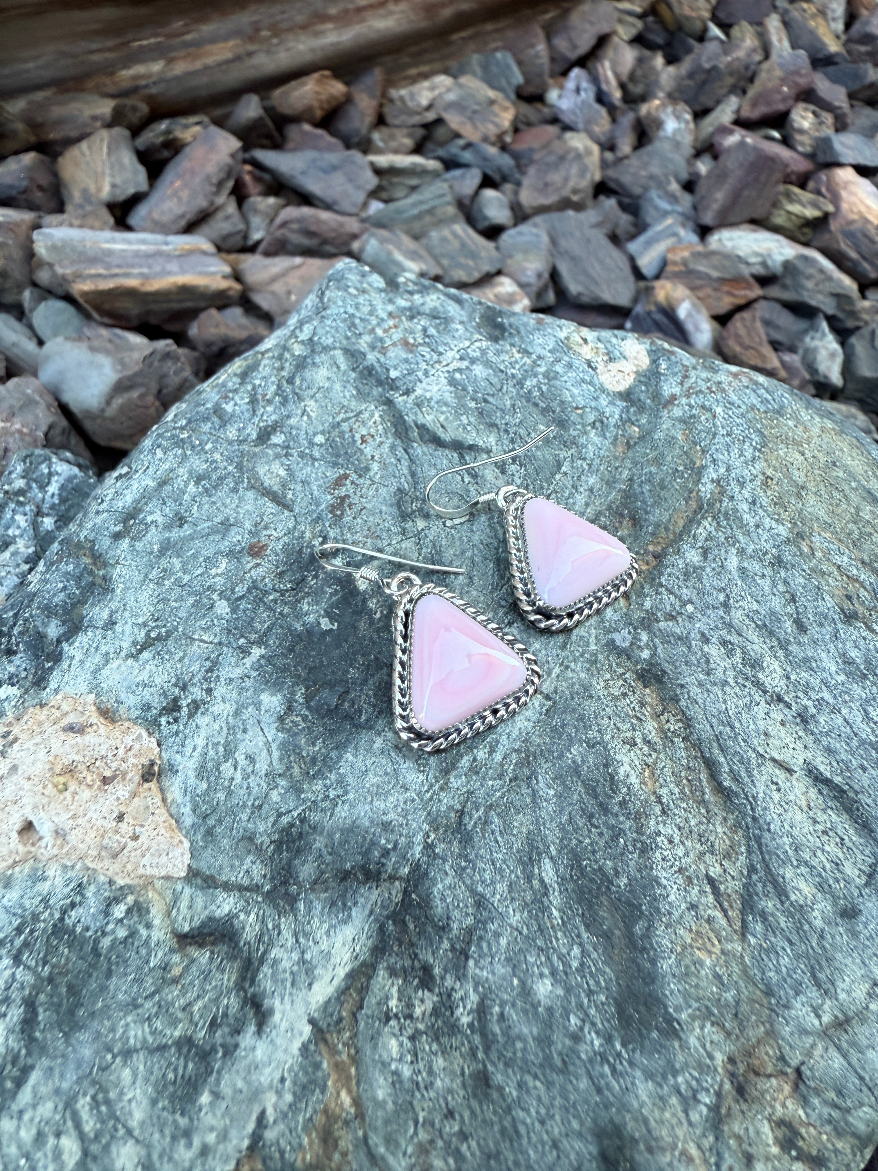 Handmade Sterling Silver Triangle Cut Pink Conch Dangle Earrings with Twist Trim