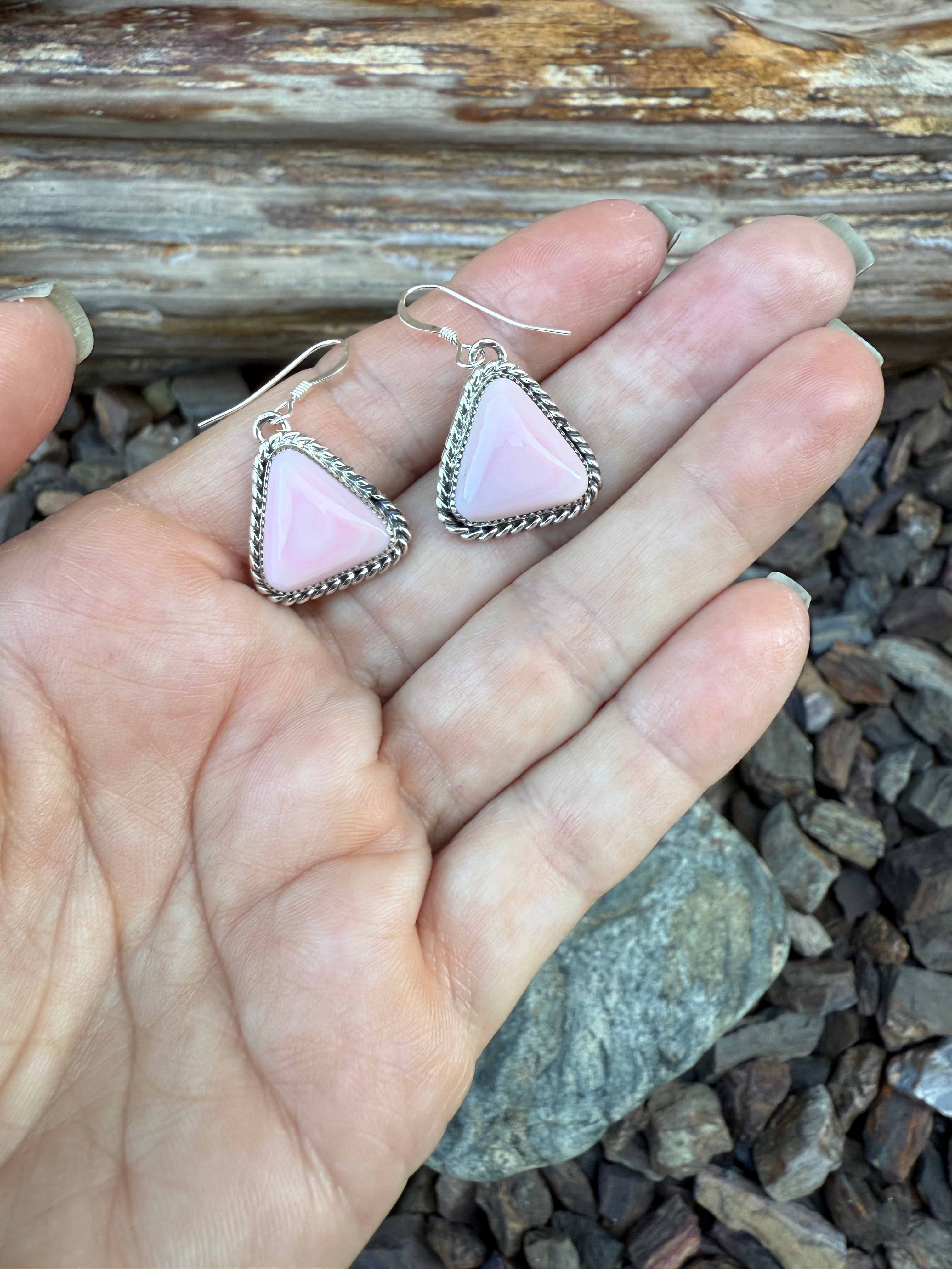 Handmade Sterling Silver Triangle Cut Pink Conch Dangle Earrings with Twist Trim
