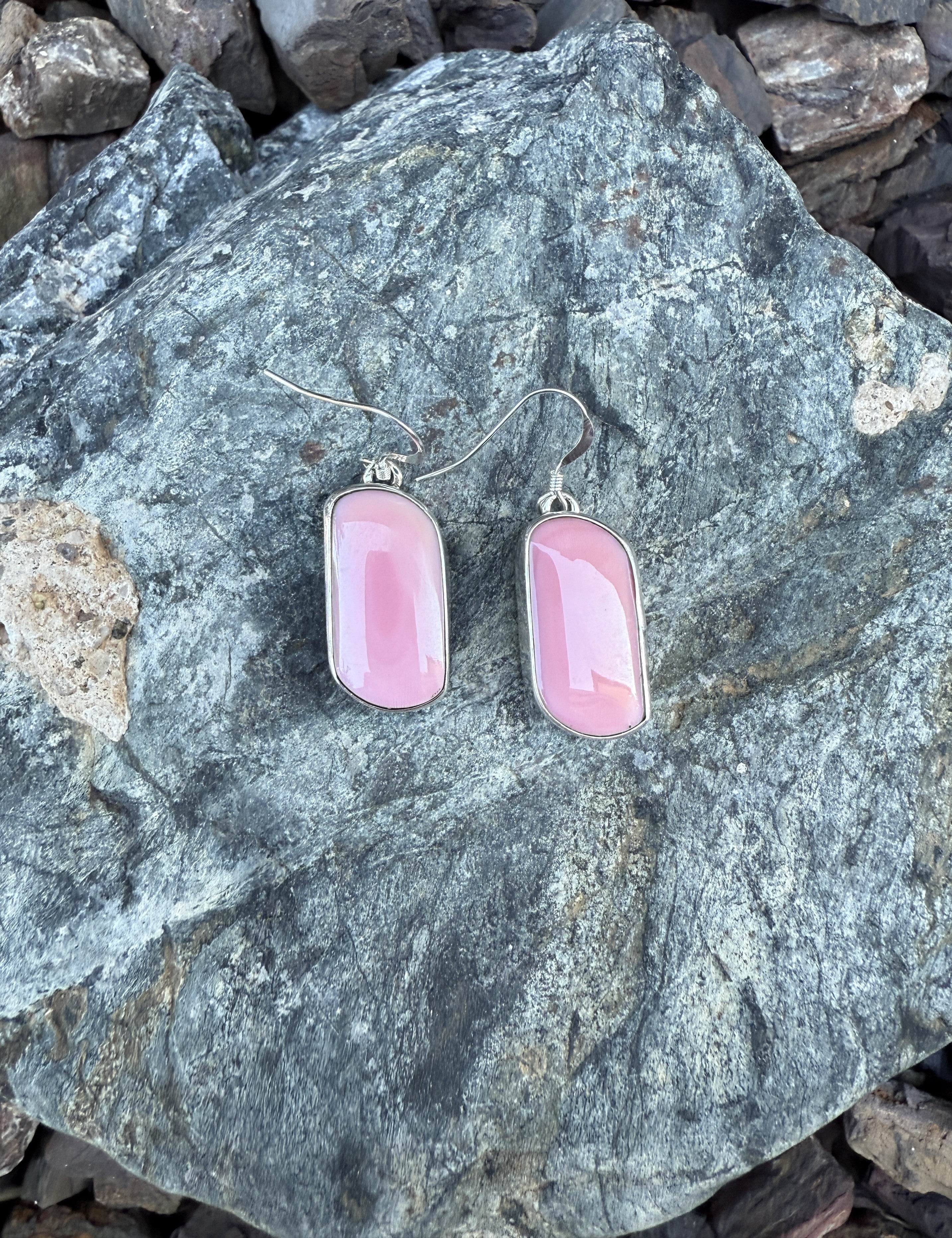 Handmade Sterling Silver Pink Conch Dangle Earrings with Plain Bezel Trim