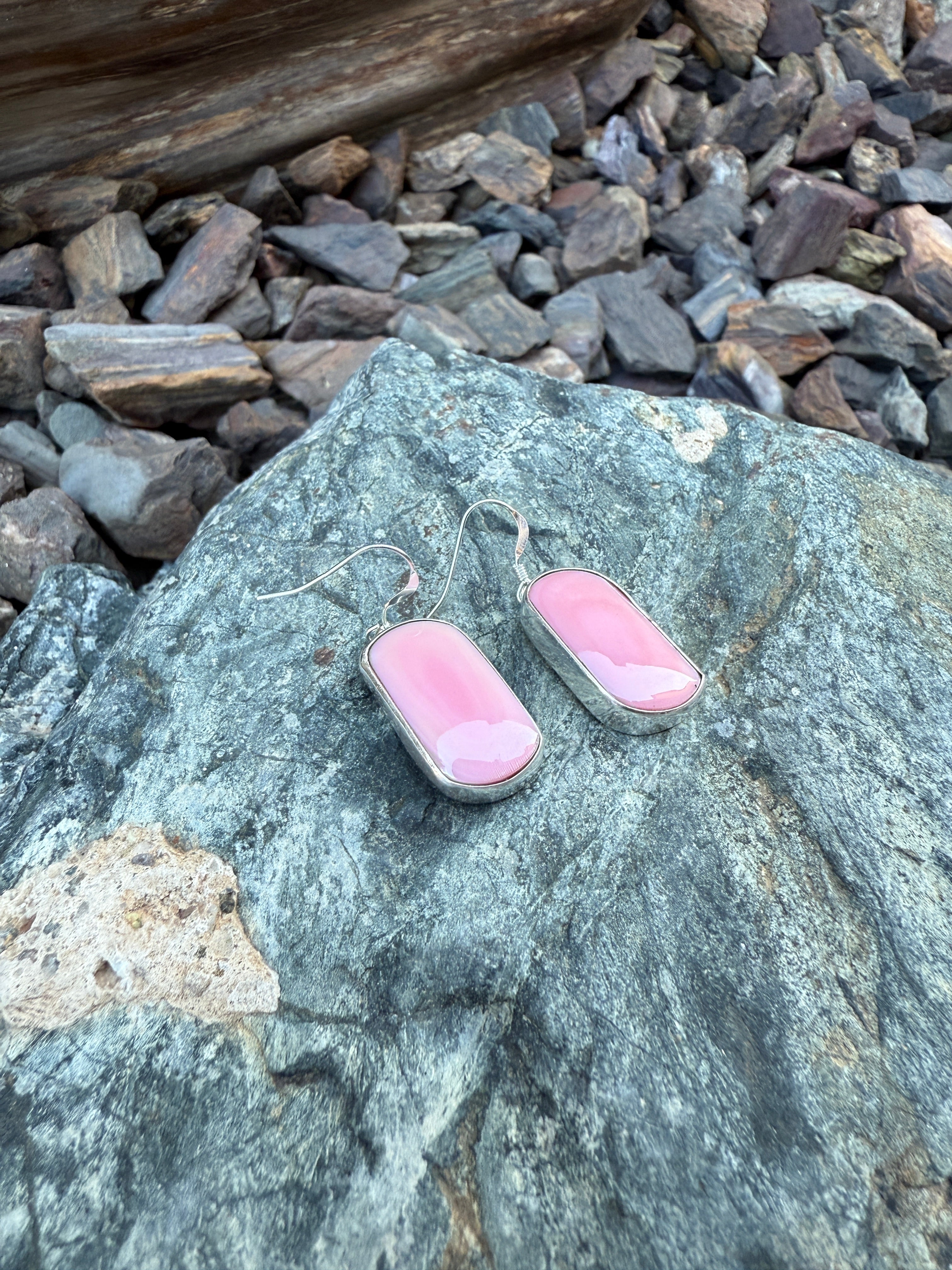 Handmade Sterling Silver Pink Conch Dangle Earrings with Plain Bezel Trim