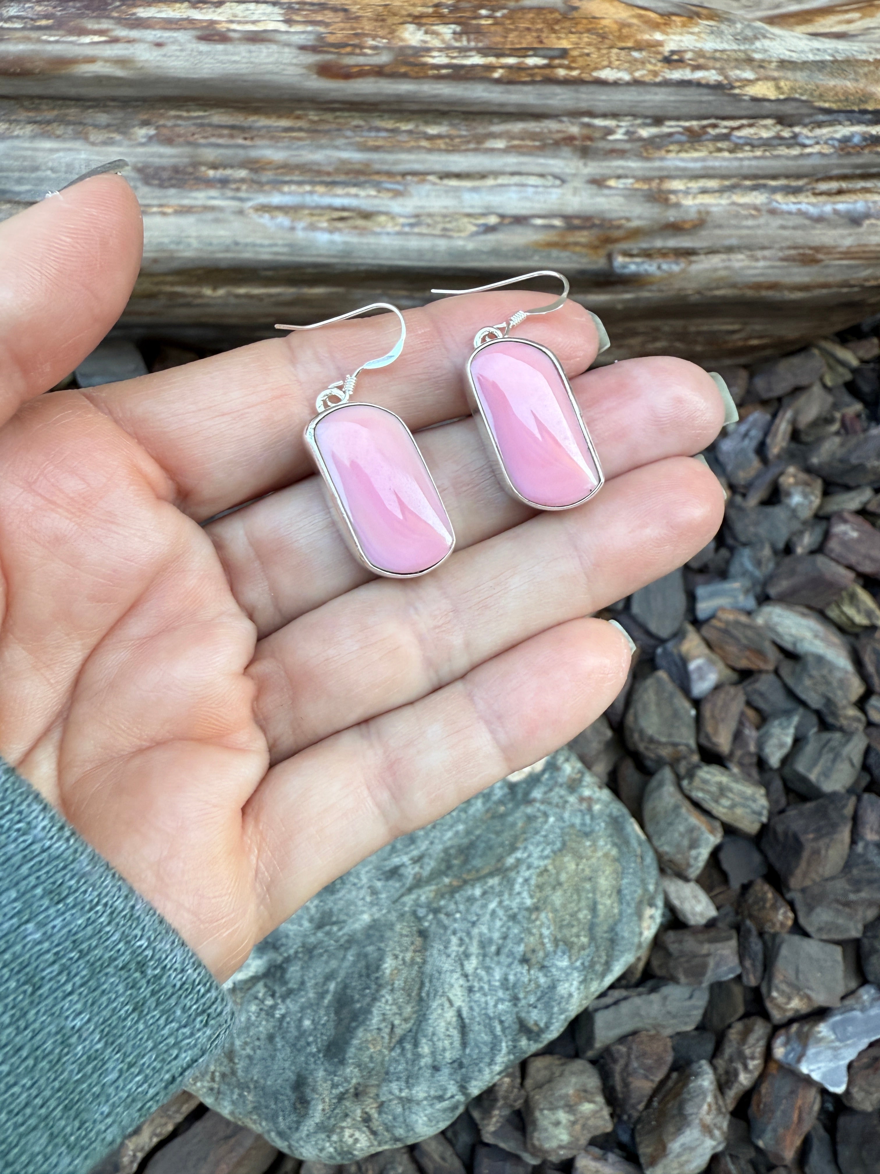 Handmade Sterling Silver Pink Conch Dangle Earrings with Plain Bezel Trim