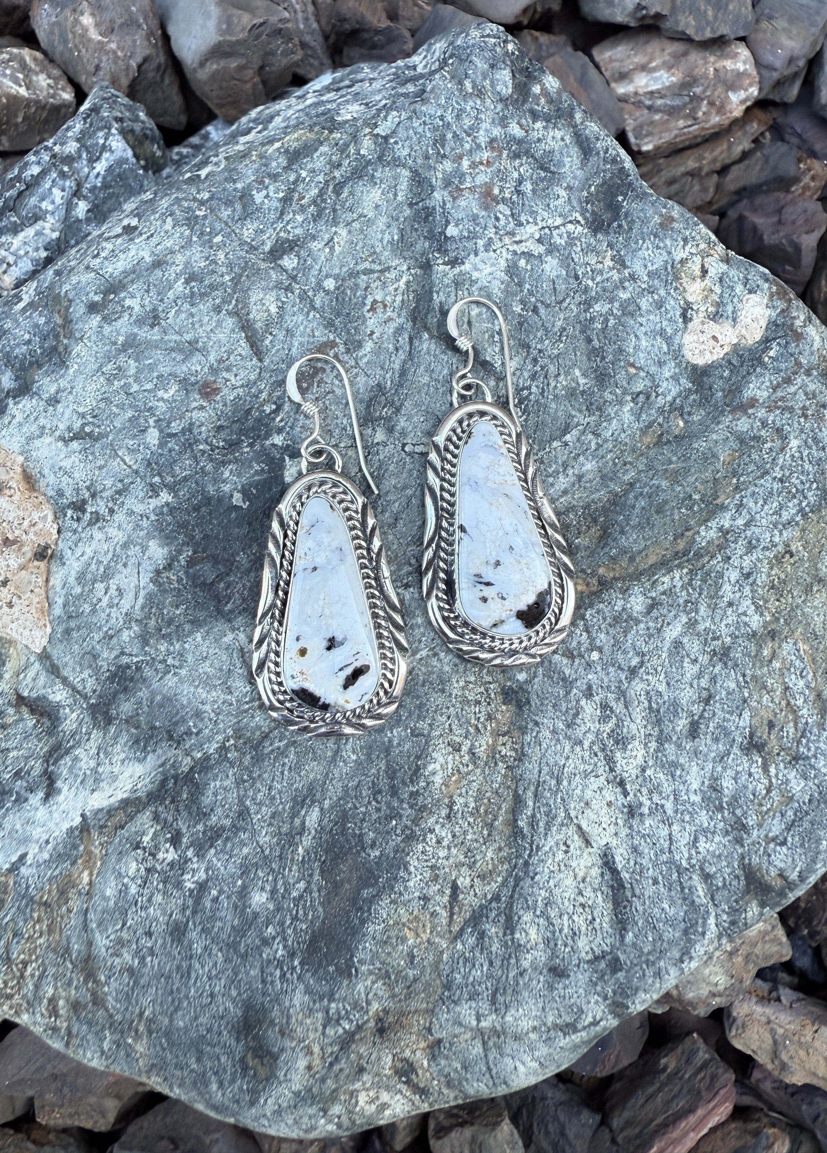 Sterling Silver White Buffalo Earrings with Stamp Trim Detail
