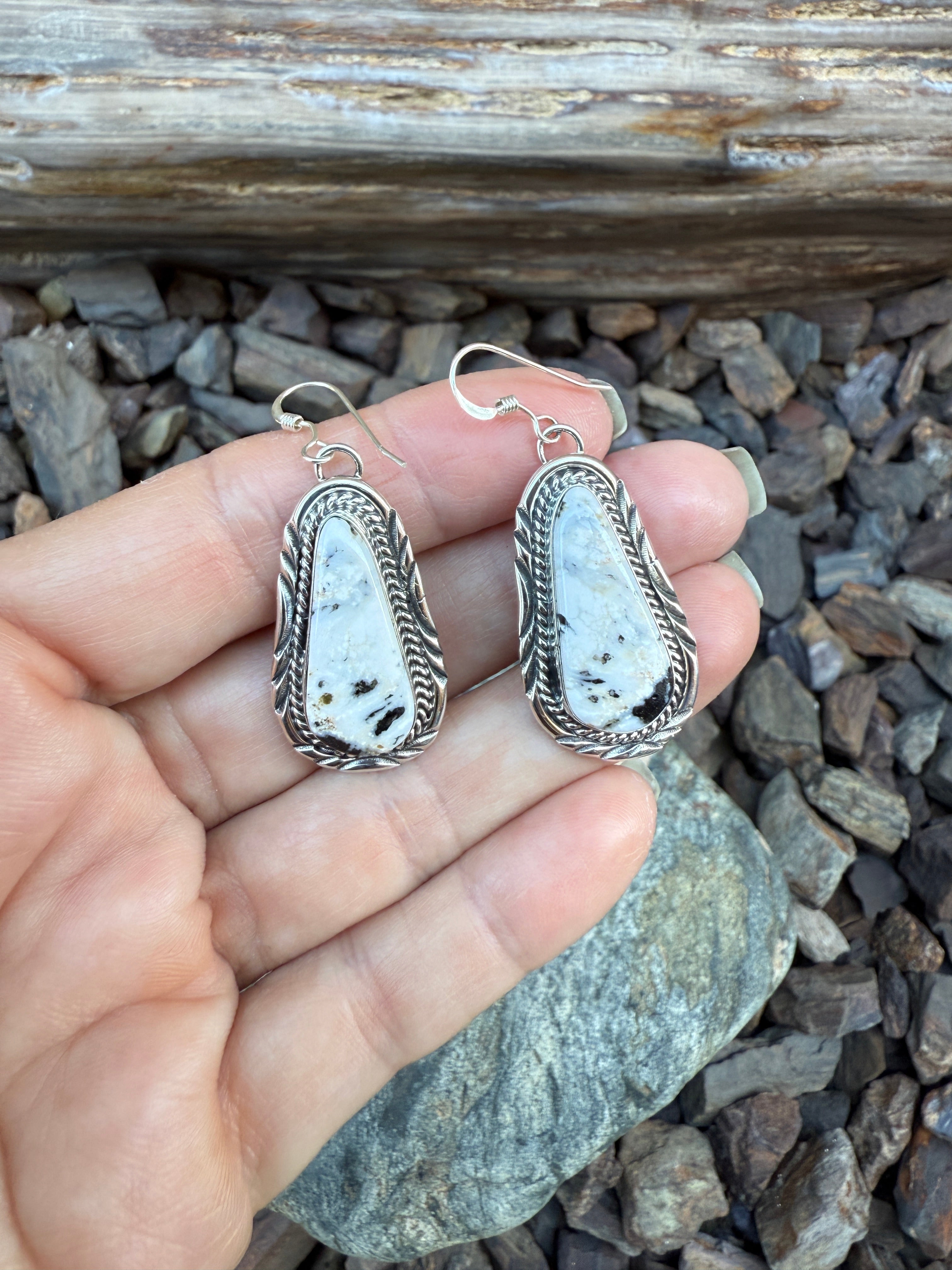 Sterling Silver White Buffalo Earrings with Stamp Trim Detail