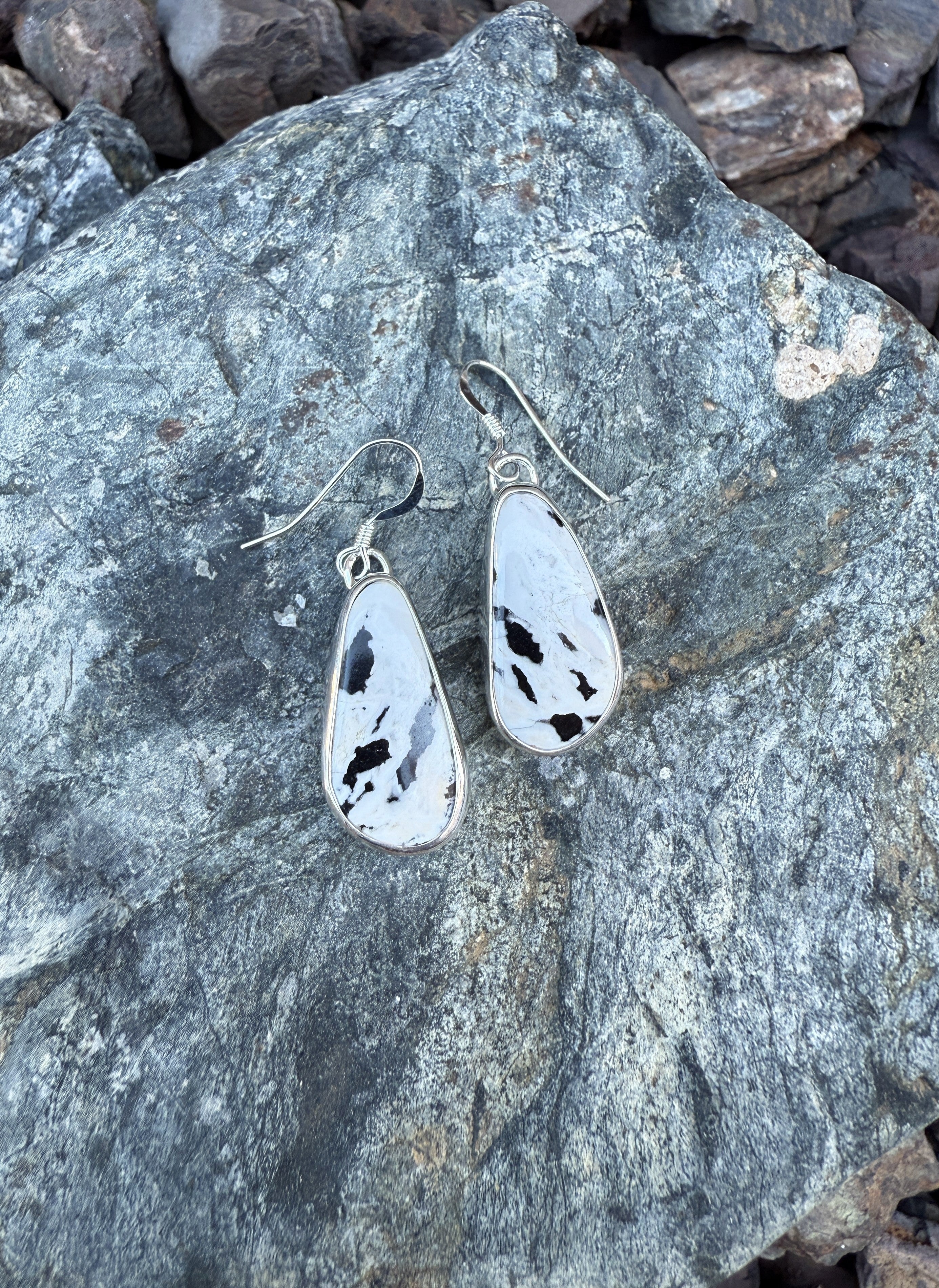 Sterling Silver White Buffalo Dangle Earrings with Plain Bezel Trim