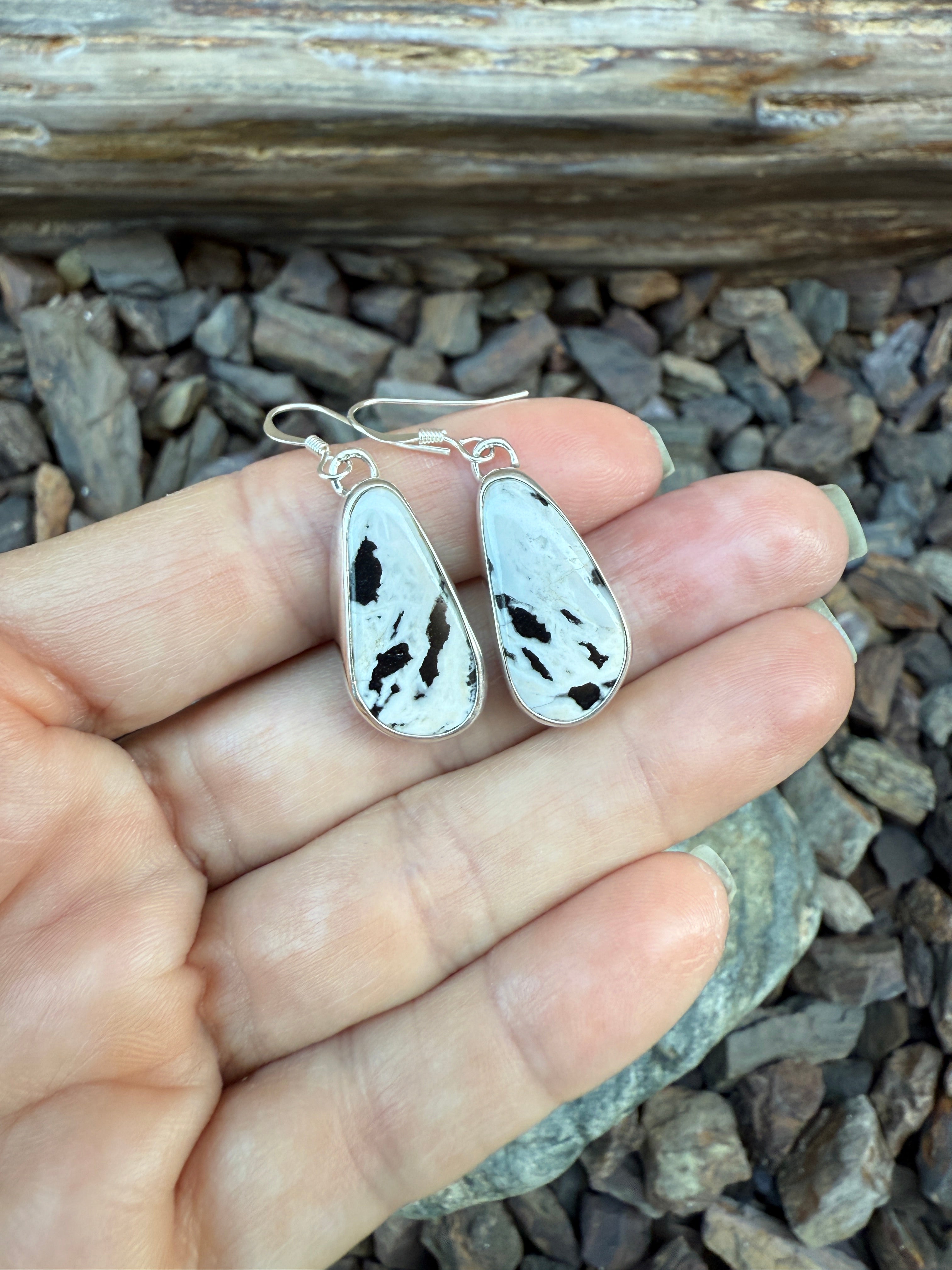 Sterling Silver White Buffalo Dangle Earrings with Plain Bezel Trim