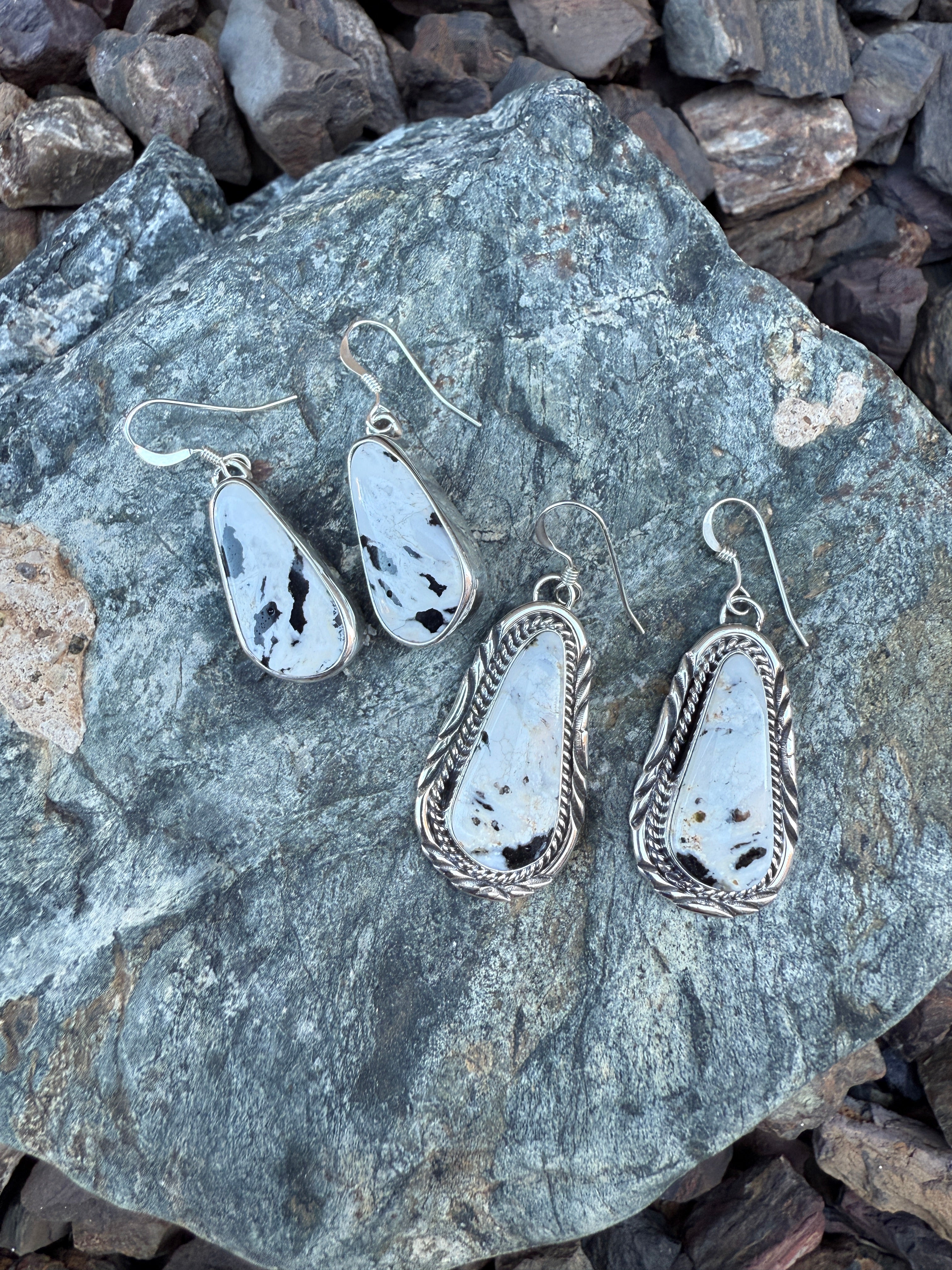 Sterling Silver White Buffalo Earrings with Stamp Trim Detail