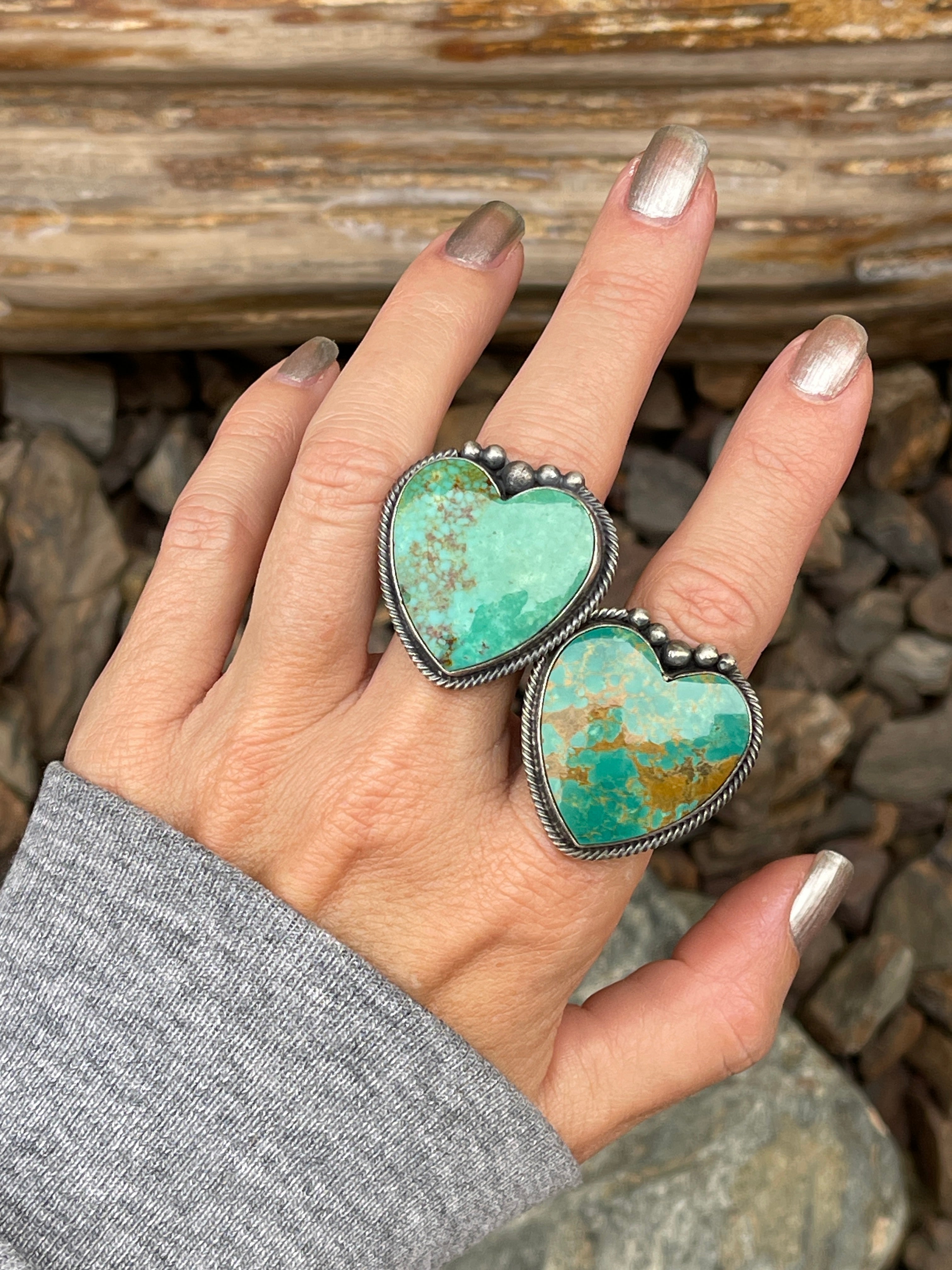 HOLIDAY RING SALE- Handmade Sterling Silver Large Kingman Turquoise Heart Ring with Twist Trim