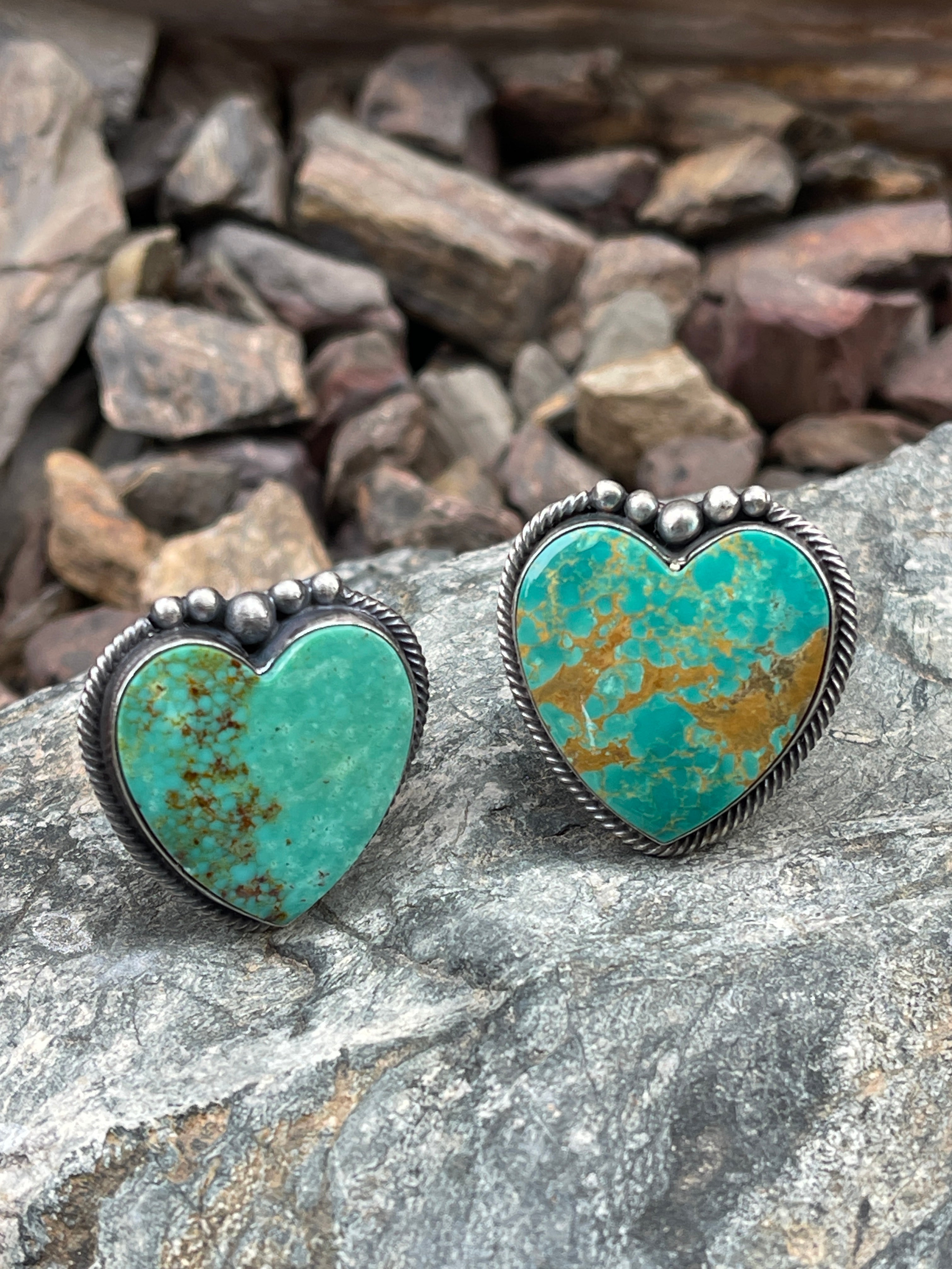 HOLIDAY RING SALE- Handmade Sterling Silver Large Kingman Turquoise Heart Ring with Twist Trim