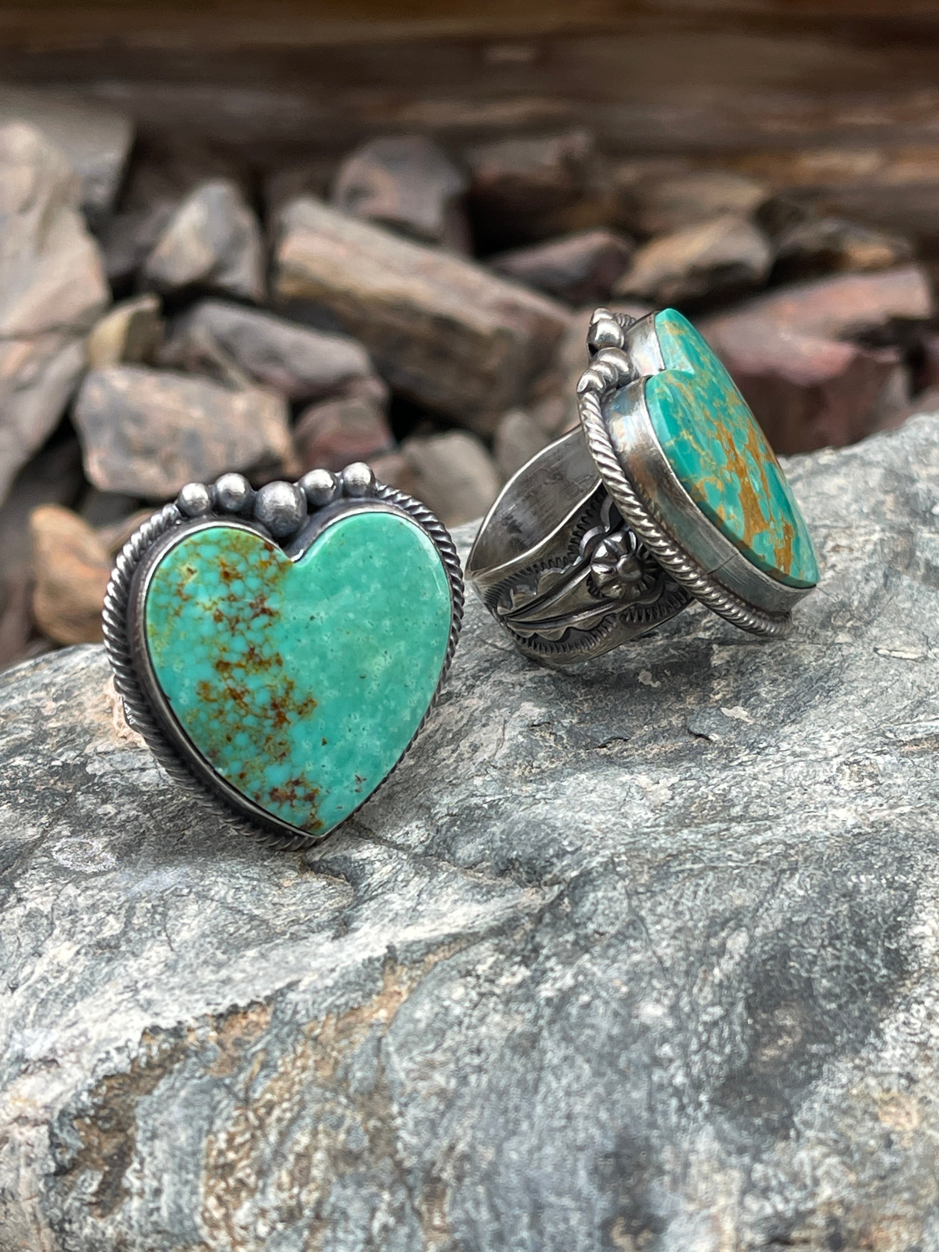 HOLIDAY RING SALE- Handmade Sterling Silver Large Kingman Turquoise Heart Ring with Twist Trim