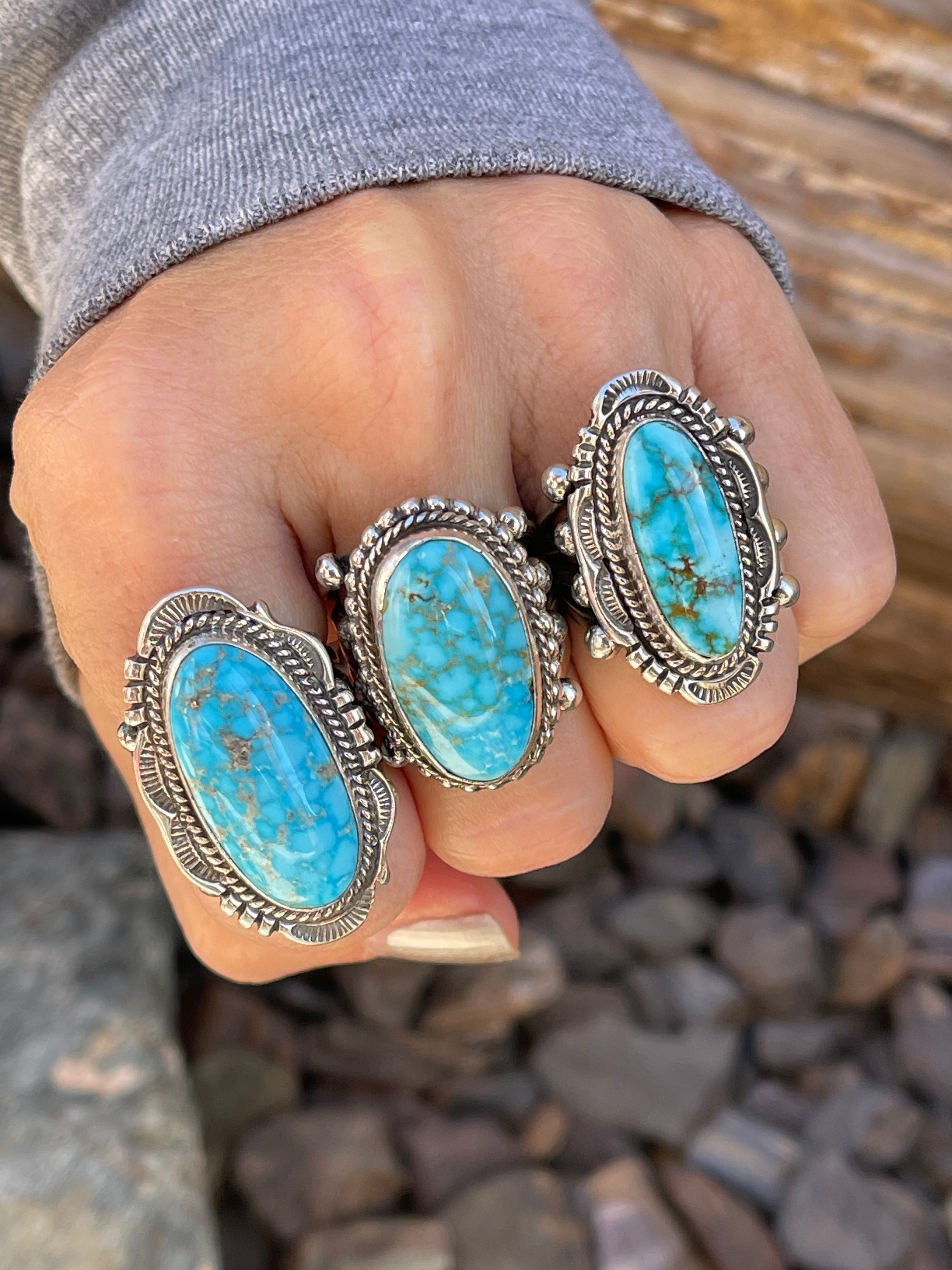 HOLIDAY RING SALE- Handmade Sterling Silver Webbed Turquoise Mountain Rings with Bead Detail