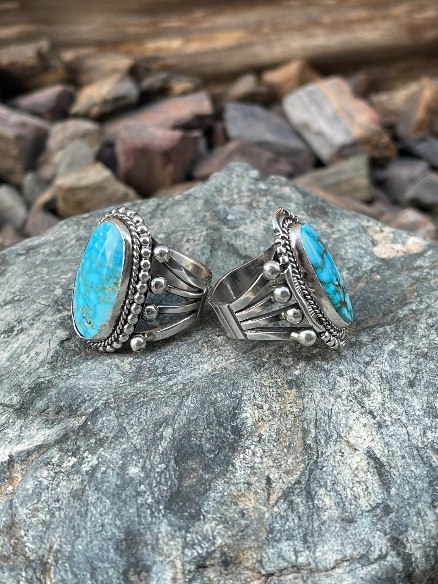 HOLIDAY RING SALE- Handmade Sterling Silver Webbed Turquoise Mountain Rings with Bead Detail