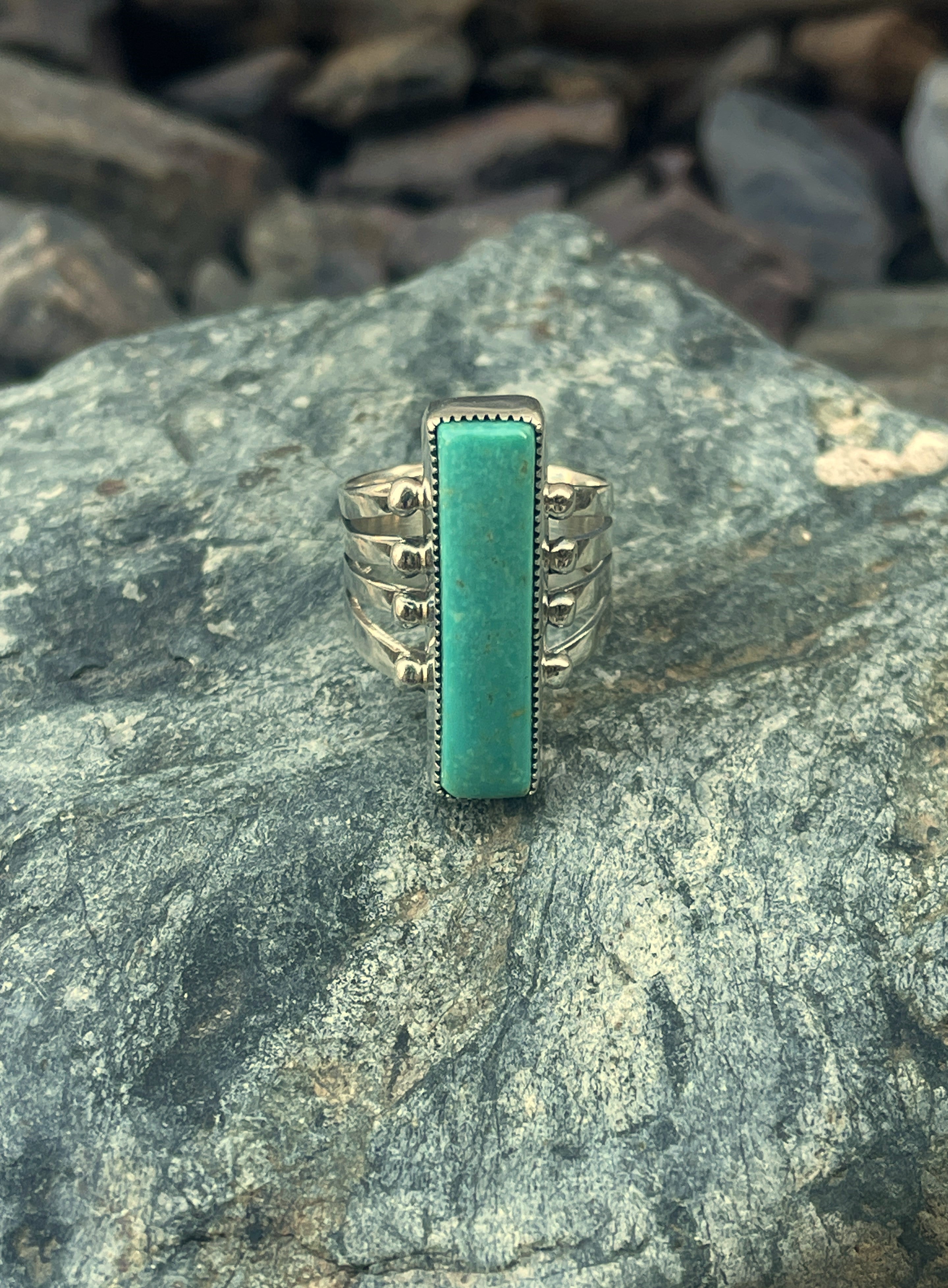 Hand Crafted Sterling Silver Single Rectangle Kingman Turquoise Ring - Size 8