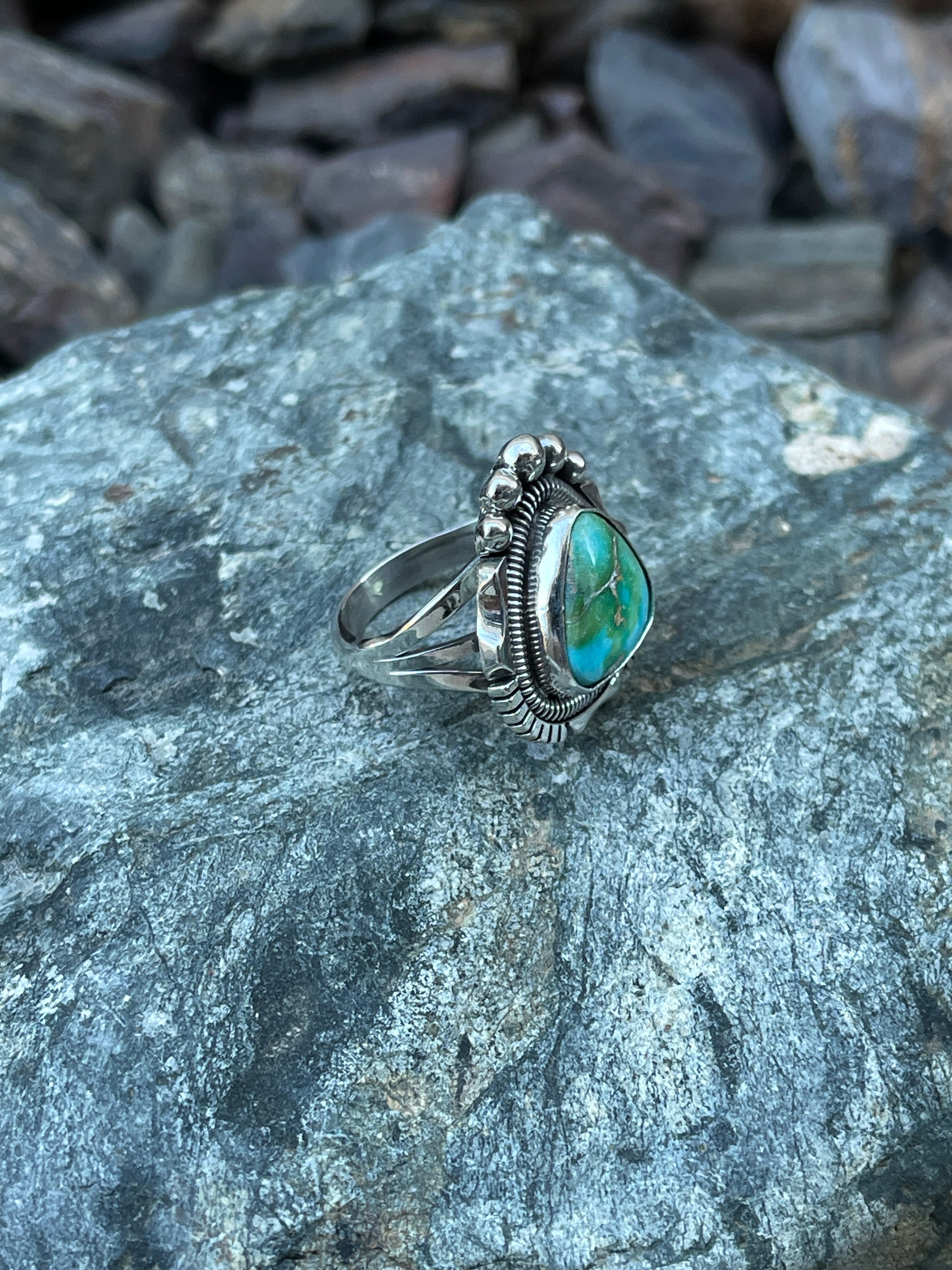 Hand Crafted Sterling Silver Sonoran Gold Turquoise Ring with Coil Detail - Size 6 1/2