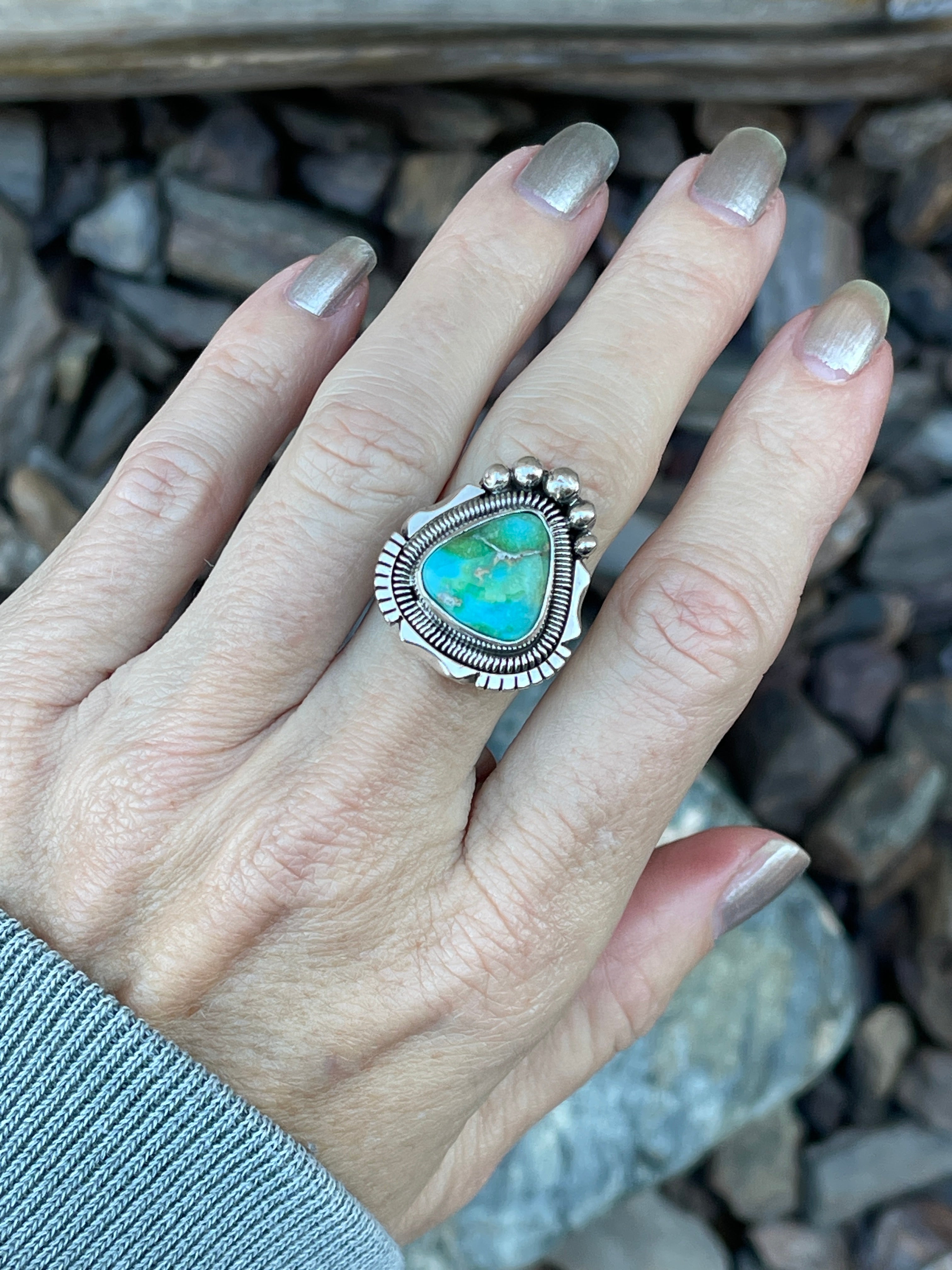 Hand Crafted Sterling Silver Sonoran Gold Turquoise Ring with Coil Detail - Size 6 1/2