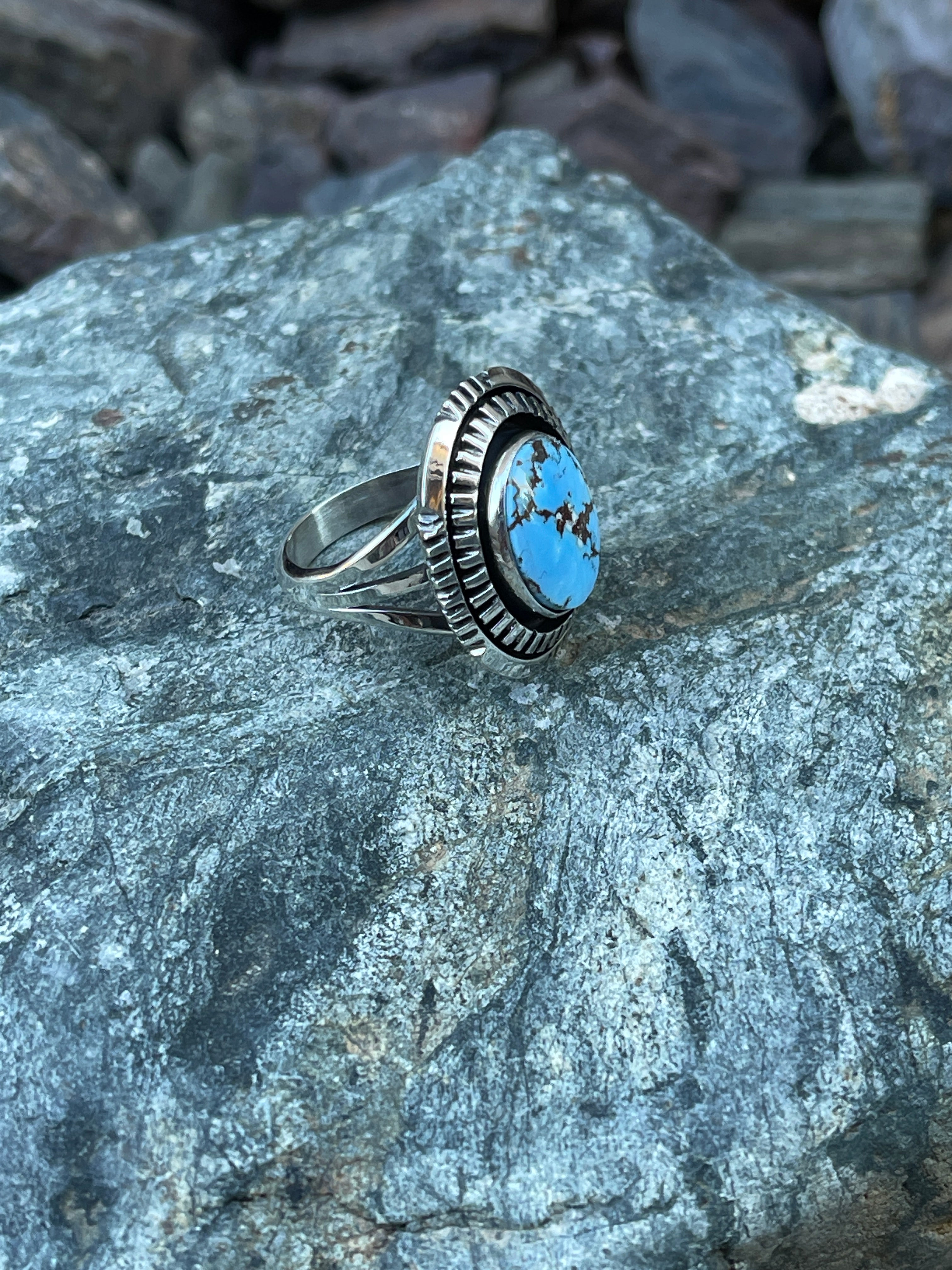 Hand Crafted Sterling Silver Golden Hill Turquoise Ring with Double Stack Trim - Size 6 1/2