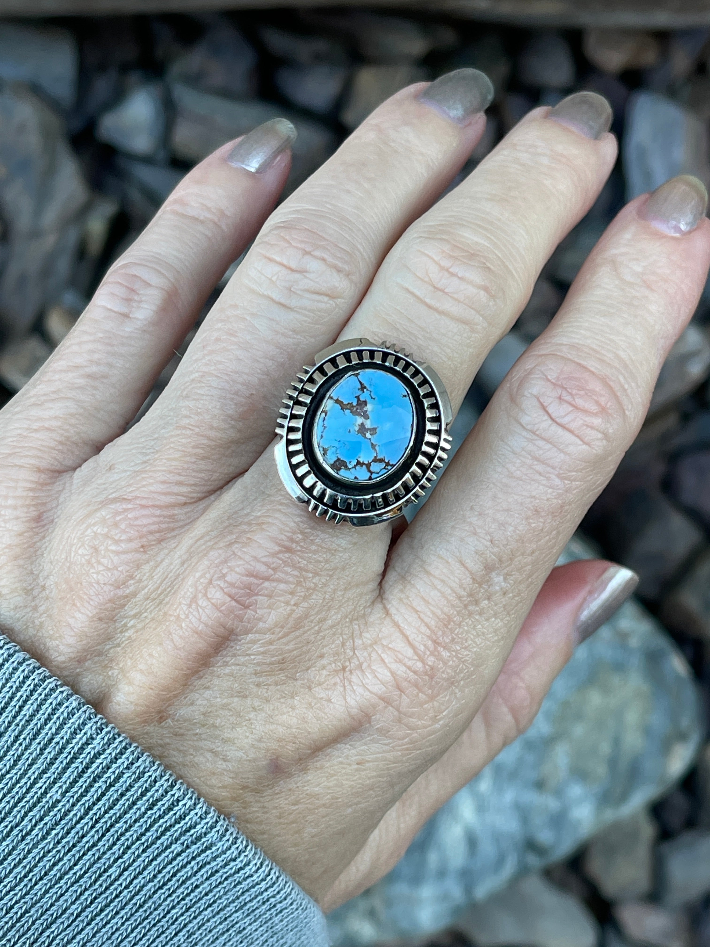 Hand Crafted Sterling Silver Golden Hill Turquoise Ring with Double Stack Trim - Size 6 1/2