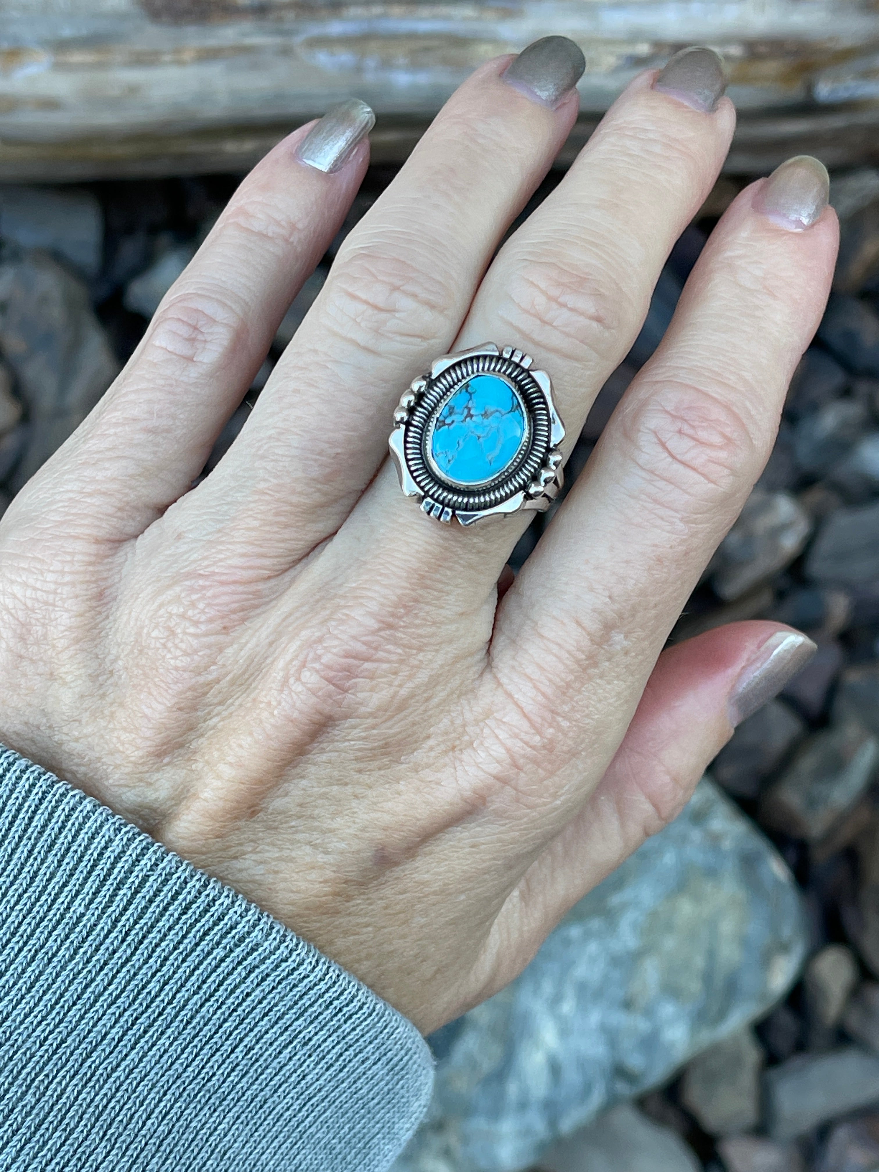 Handmade Sterling Silver Turquoise Mountain Ring with Coil Detail - Size 6