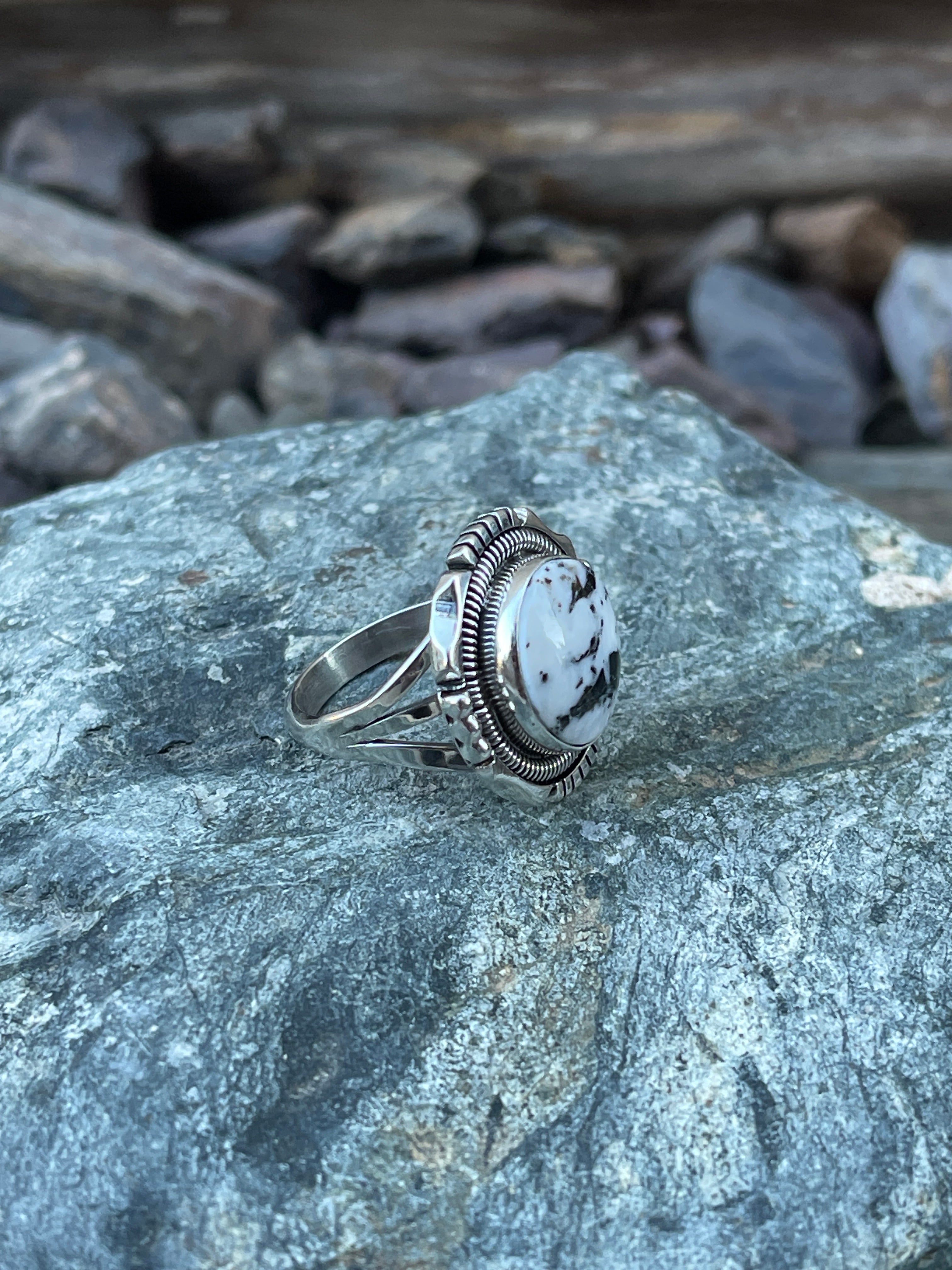 Round Handmade Sterling Silver White Buffalo Ring with Coil Detail - Size 9