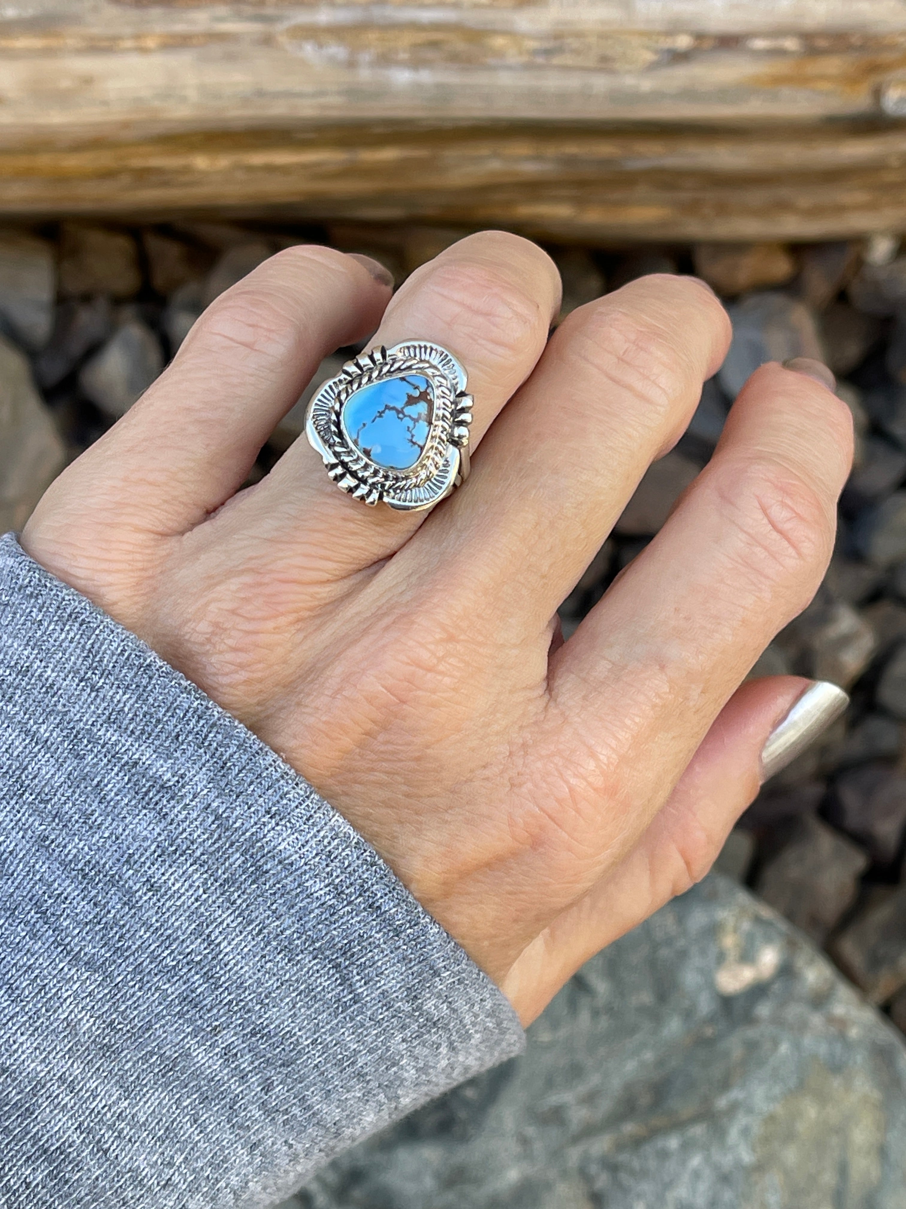 Handmade Sterling Silver Golden Hill Turquoise Ring with Traditional Stamp Detail - Size 5