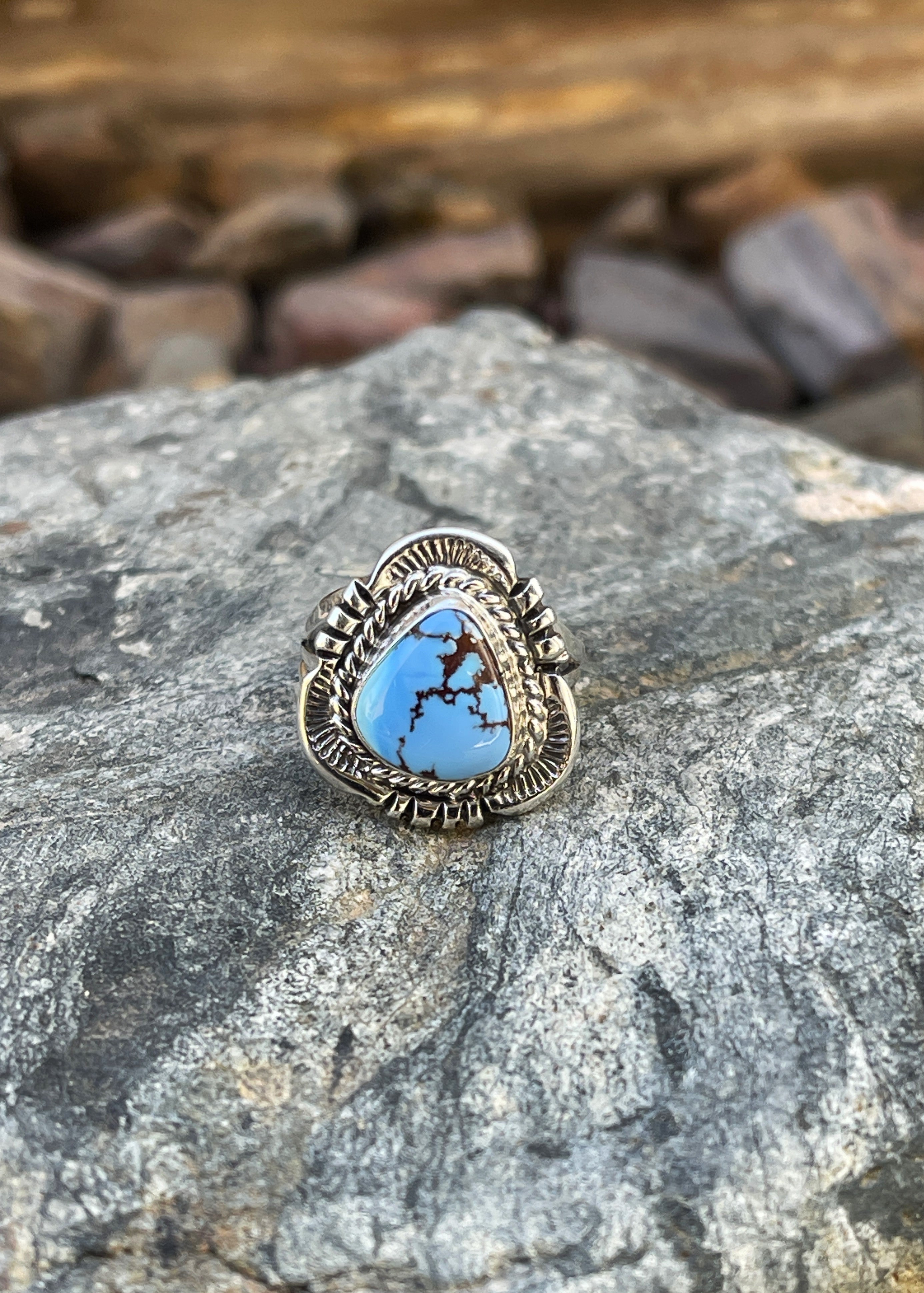 Handmade Sterling Silver Golden Hill Turquoise Ring with Traditional Stamp Detail - Size 5