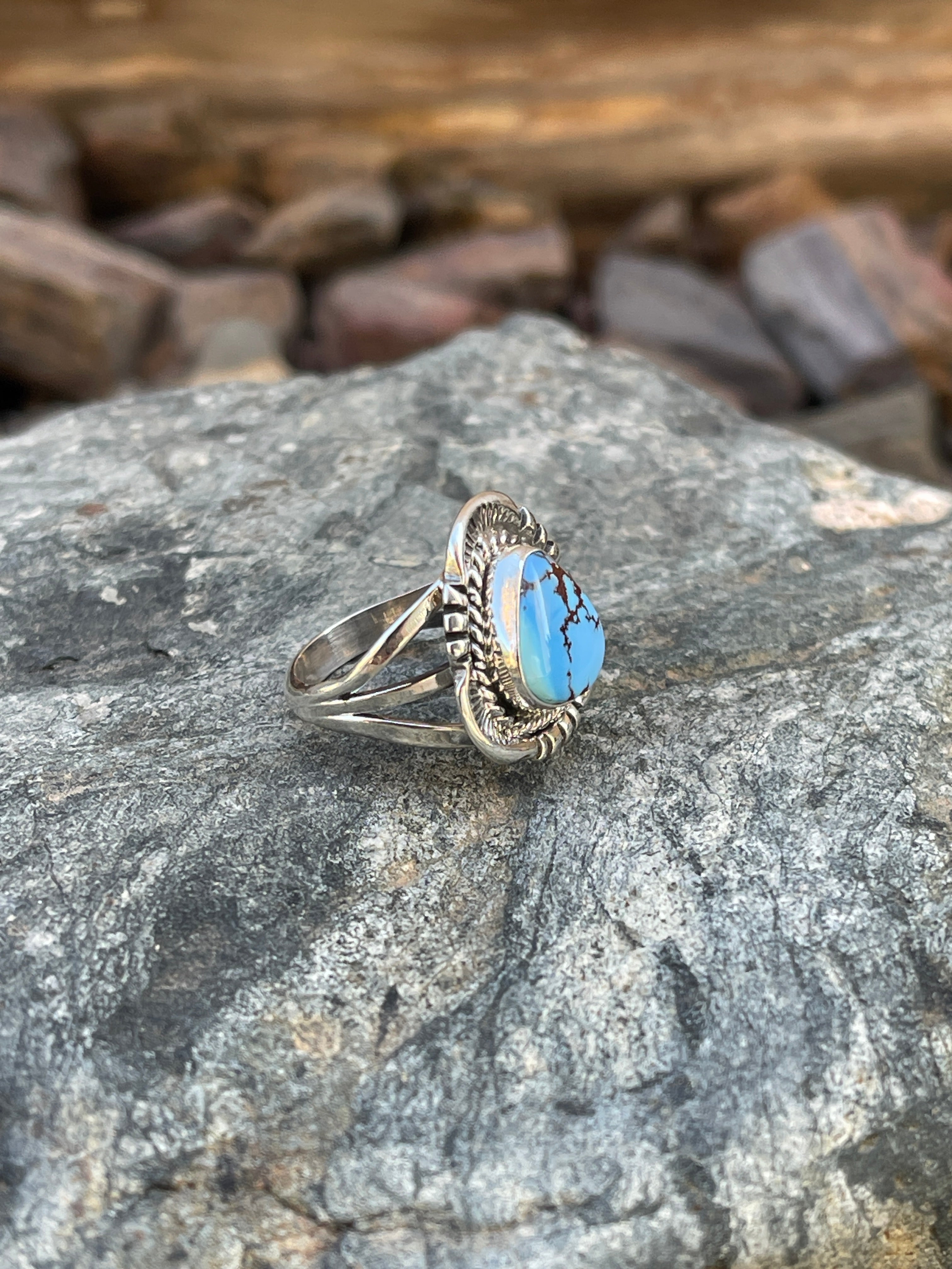 Handmade Sterling Silver Golden Hill Turquoise Ring with Traditional Stamp Detail - Size 5