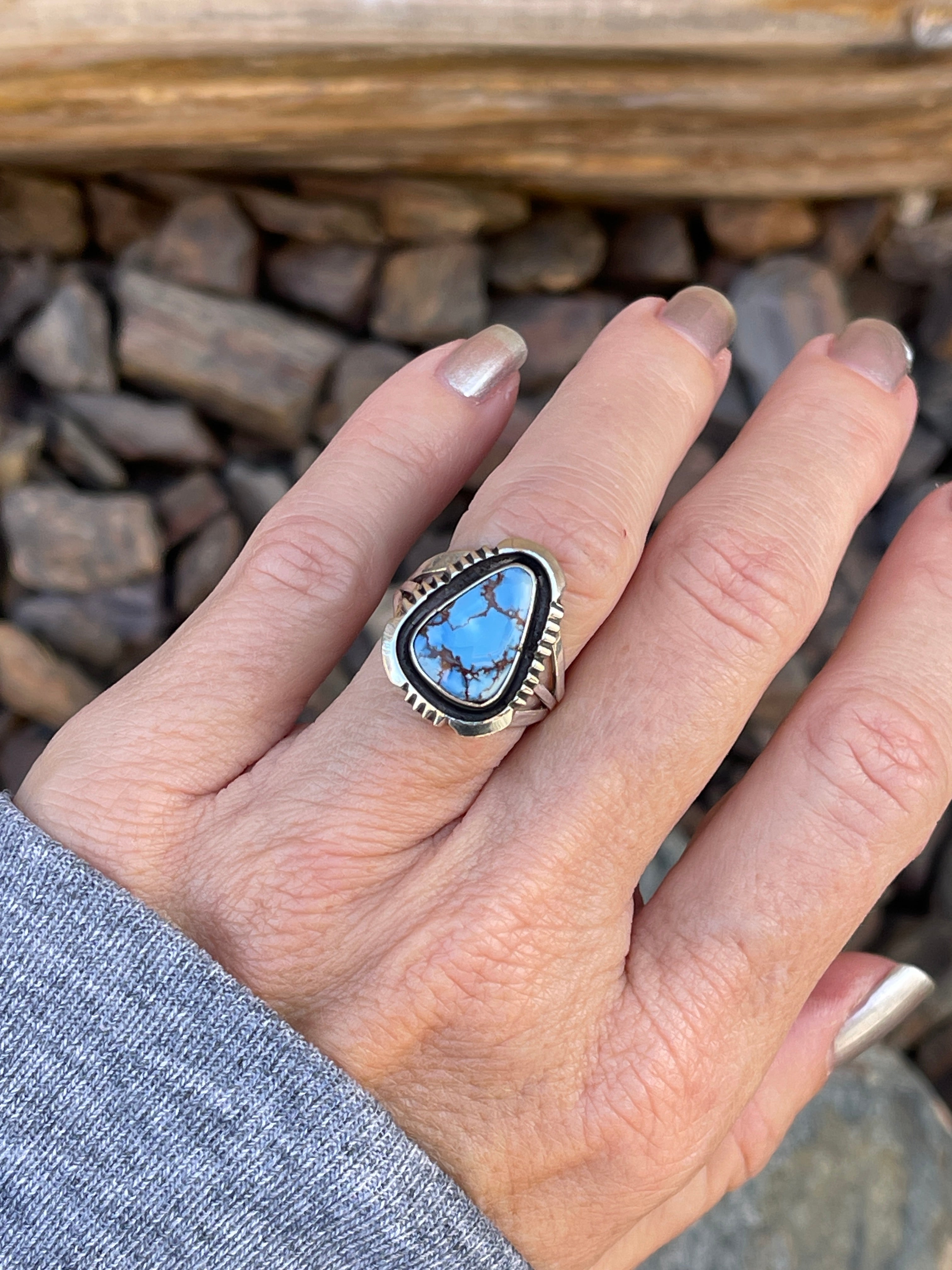 Handmade Sterling Silver Golden Hill Turquoise Ring with Shadow Box Trim -Size 6