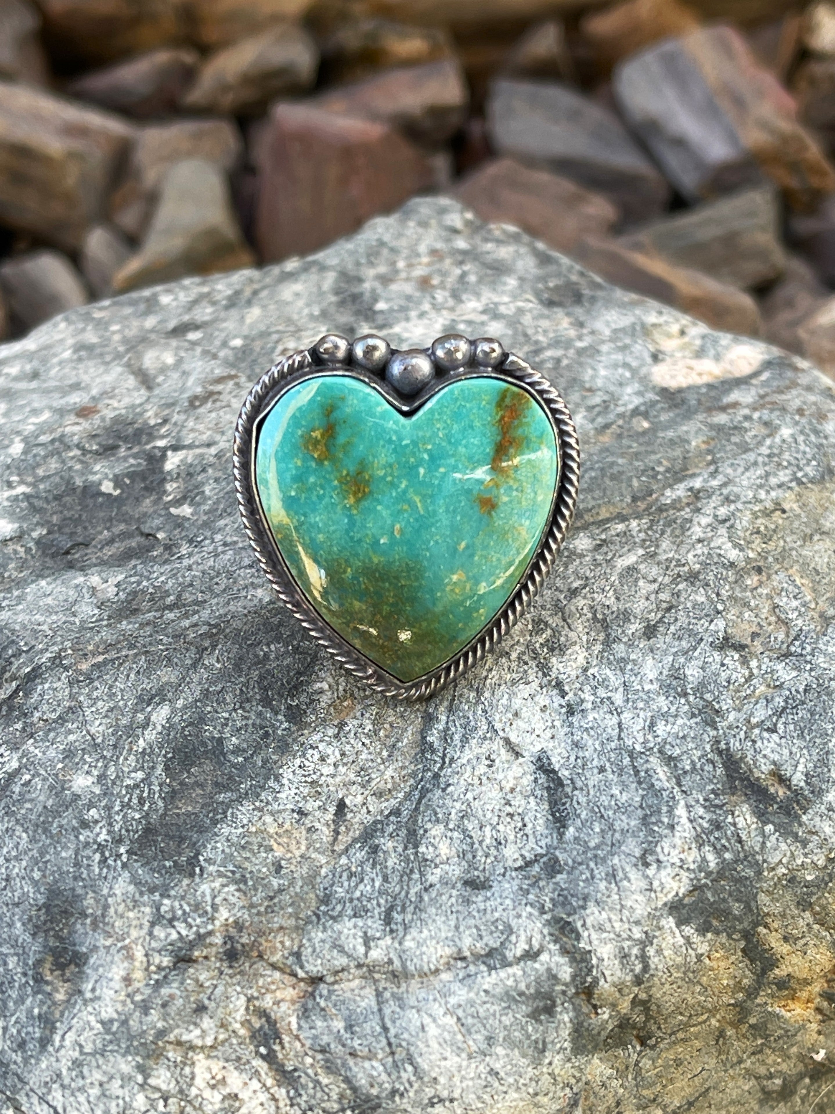 Large Handmade Sterling Silver Kingman Turquoise Heart Ring - Size 8 1/2