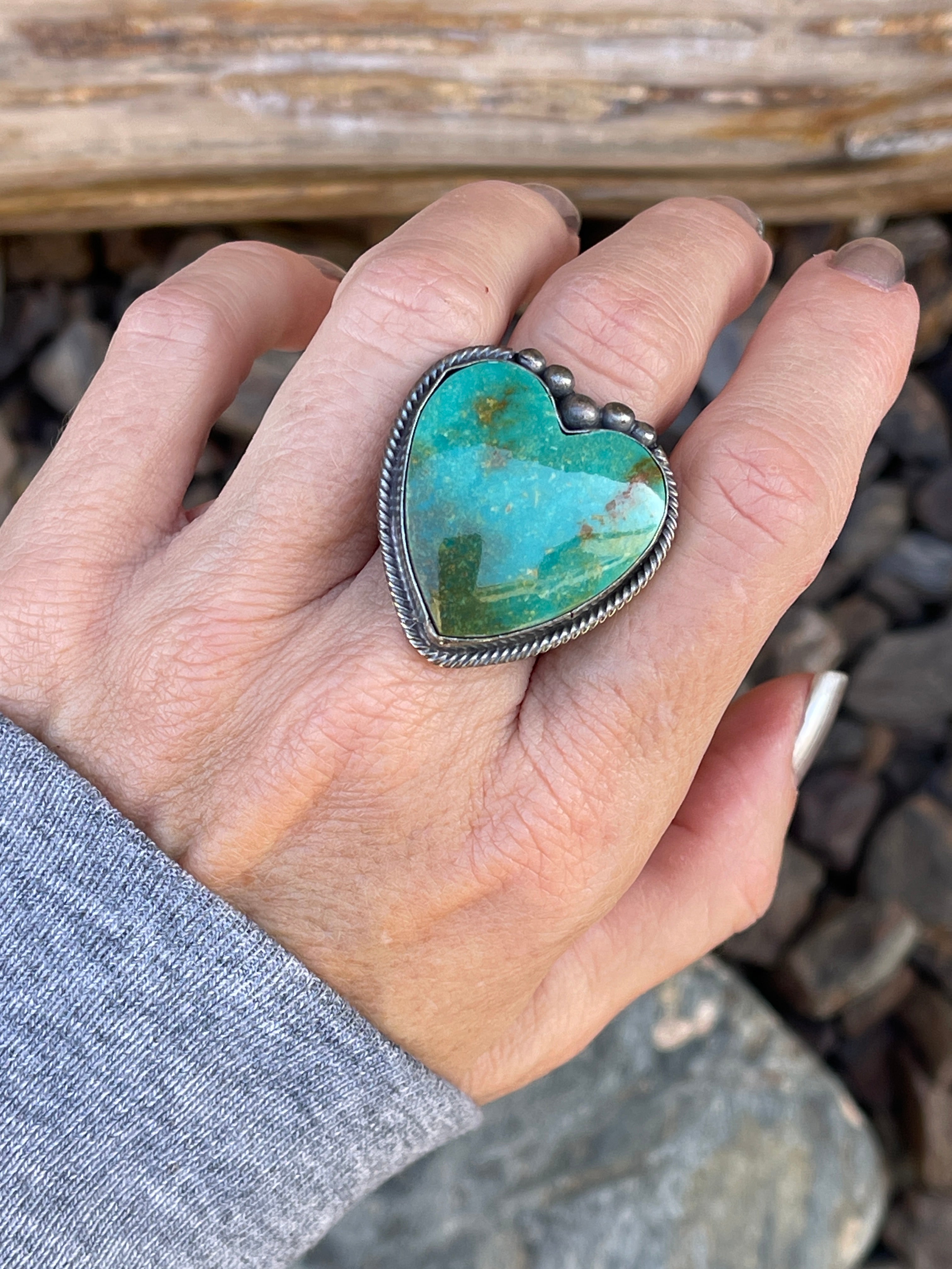 Large Handmade Sterling Silver Kingman Turquoise Heart Ring - Size 8 1/2